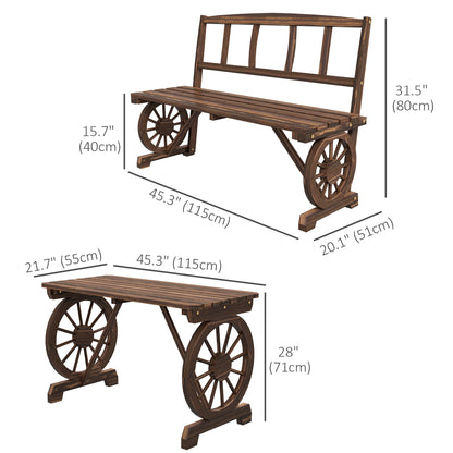 Wooden Patio Table and Chairs for 4 People 3-Piece Carriage Wheels Design for Porch, Backyard, Balcony, Carbonized Bistro Sets   at Gallery Canada