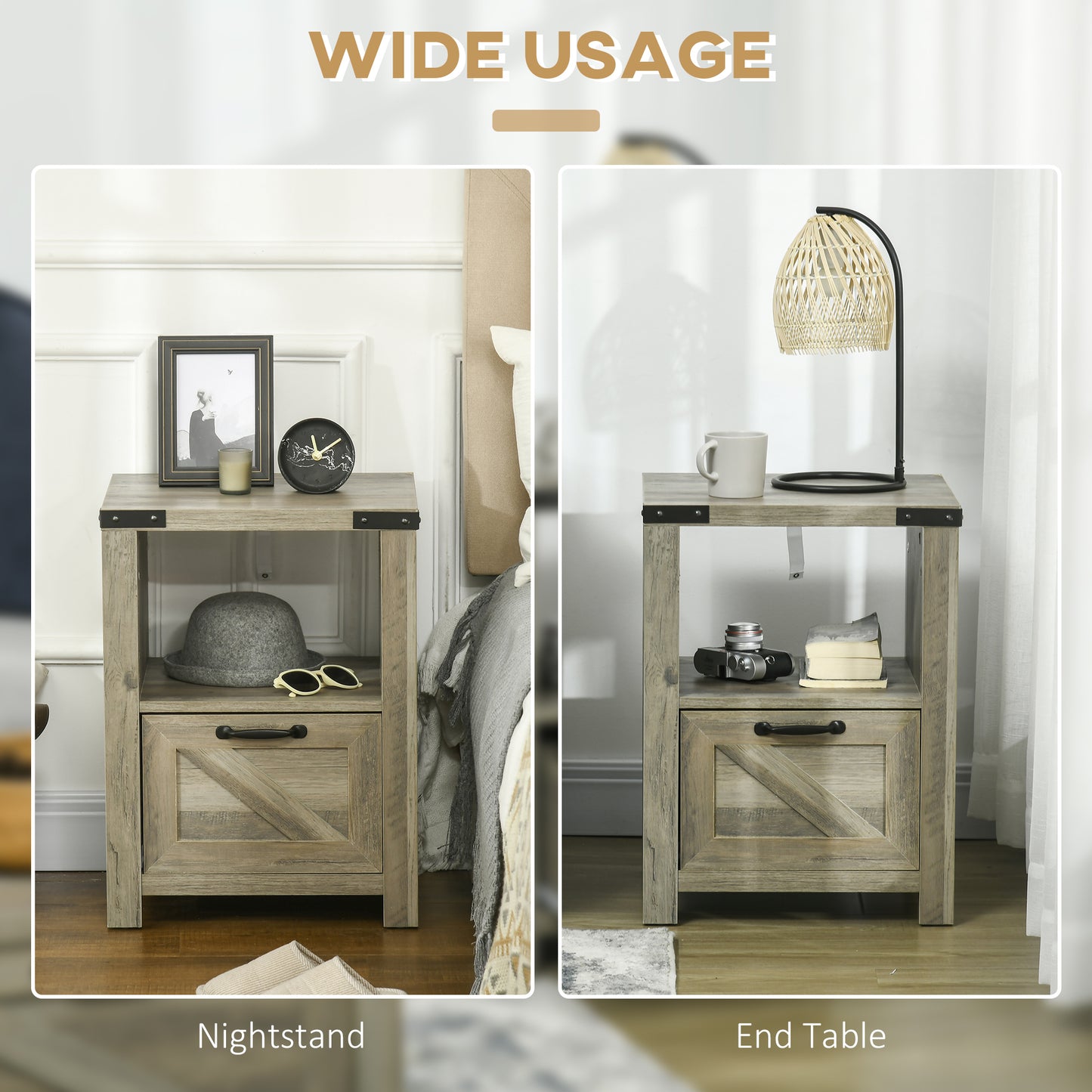 Side Table with Storage, Farmhouse End Table with Drawer, Open Shelf and Barn-style Panel, Accent Table for Living Room, Bedroom, Grey Side Tables   at Gallery Canada