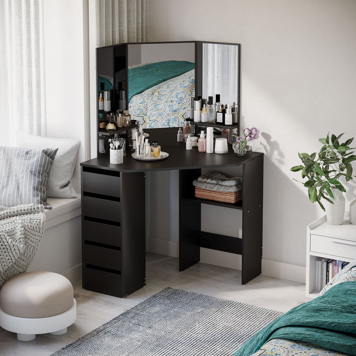 Corner Vanity Table, Makeup Desk with Tri-Fold Mirror and 5 Drawers, Black Dressing & Vanity Tables   at Gallery Canada