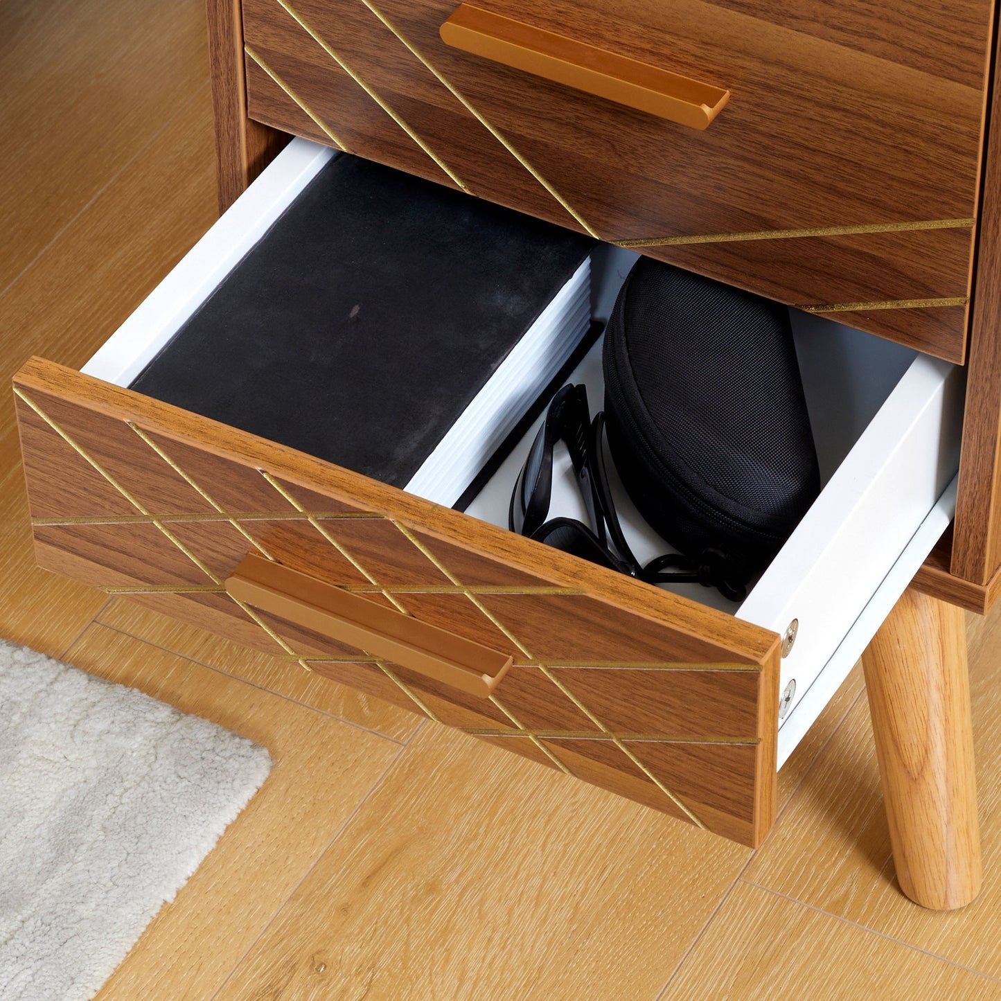 Scandinavian Bedside Table, Side End Table with 2 Drawers and Wood Legs, 13.8" x 12.6" x 20.3", Brown Bedside Tables   at Gallery Canada