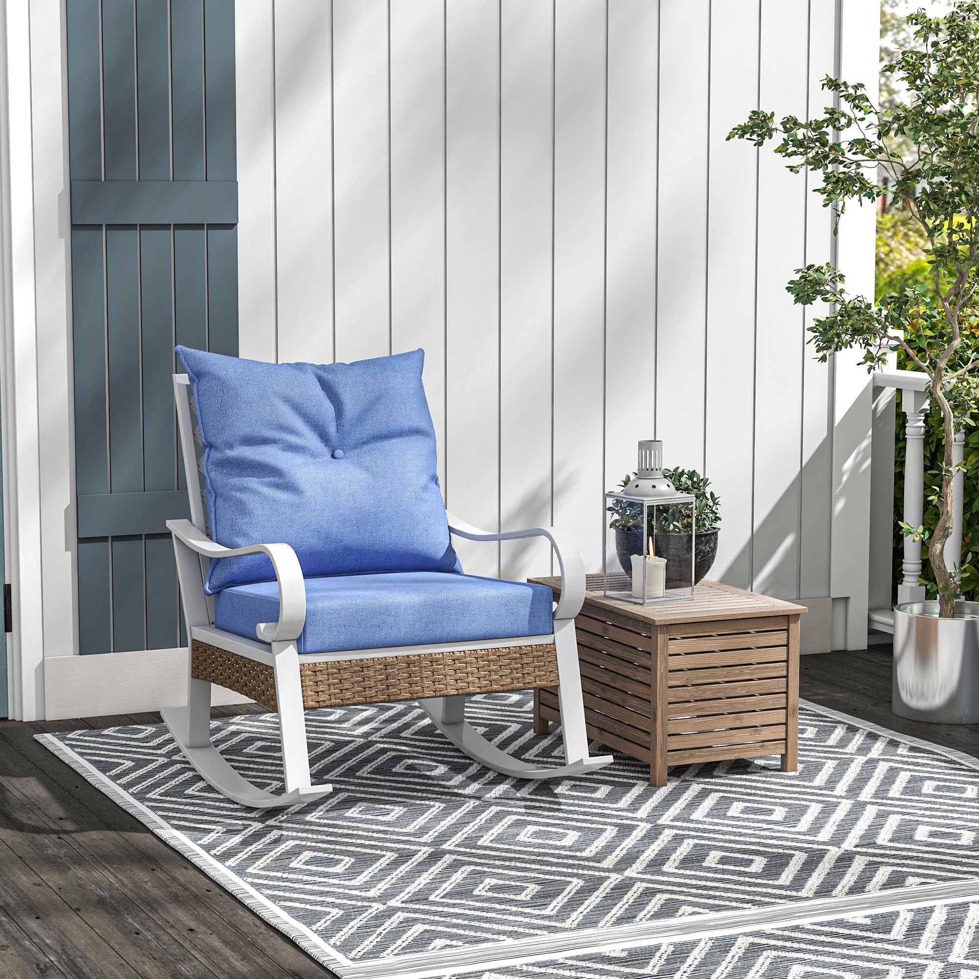 Outdoor Rocker, Porch Rocking Chair with Soft Cushion, Rattan Decoration for Garden, Patio, Balcony, Lawn, Light Blue Outdoor Rocking Chairs   at Gallery Canada