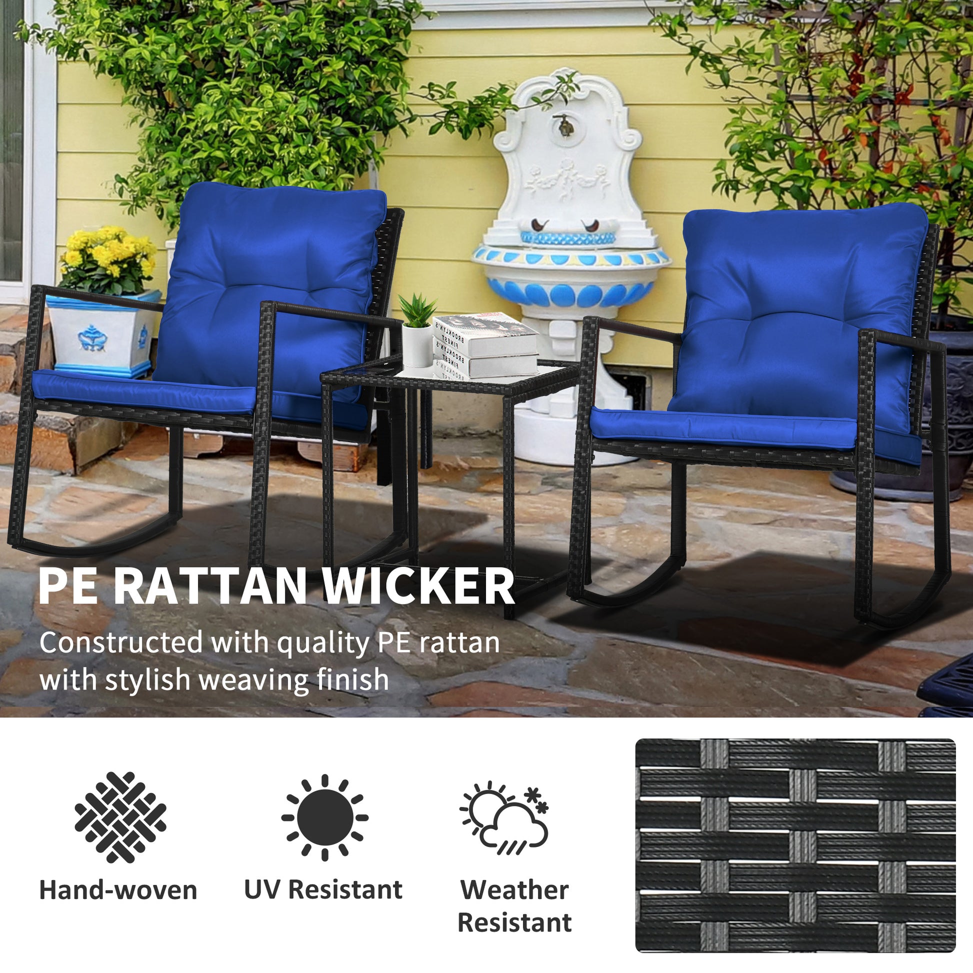 Outdoor Wicker Rocking Bistro Set with Cushions and Glass Table, Blue Outdoor Rocking Chairs   at Gallery Canada