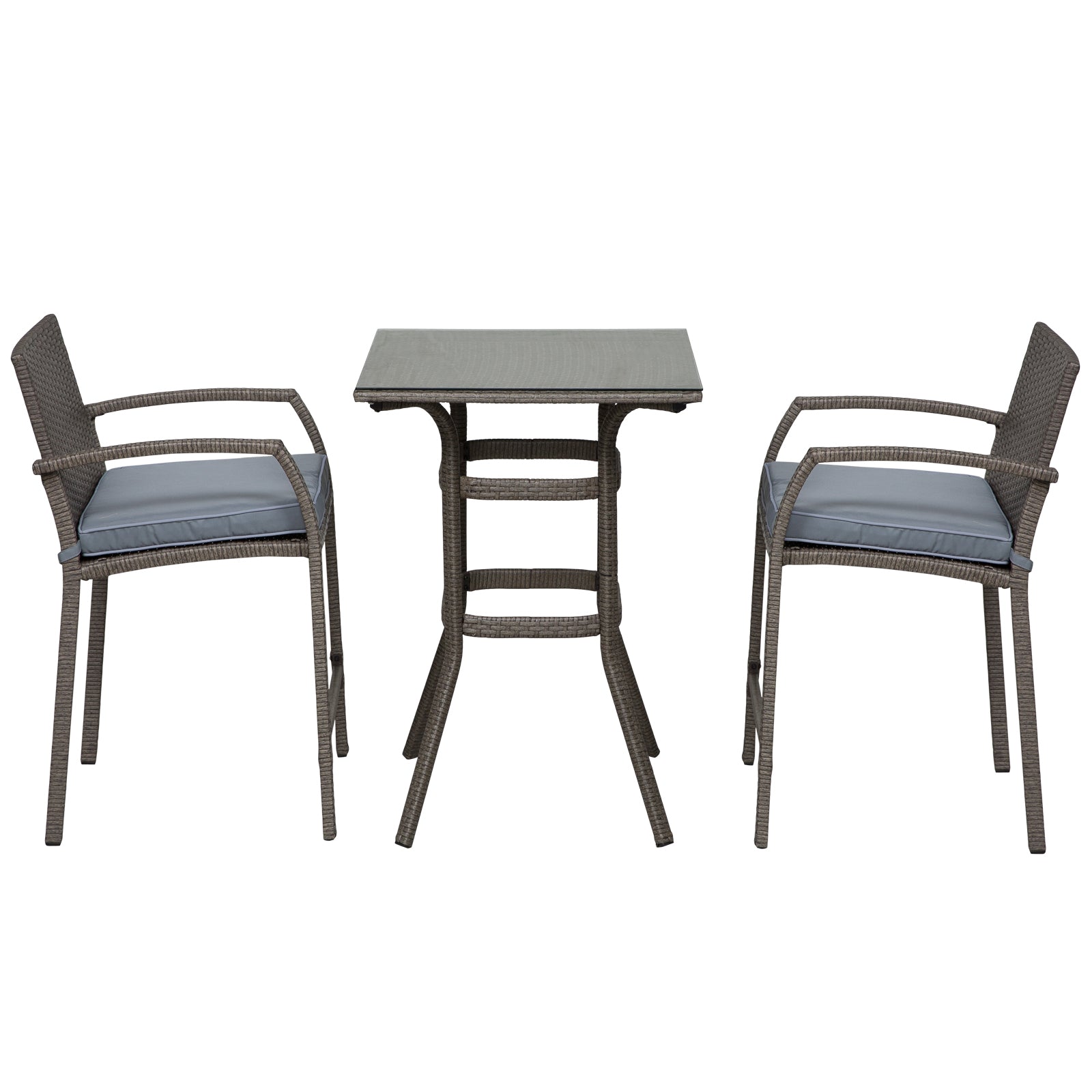 3 Pieces Patio Bar Set Wicker Garden Bistro Set Outdoor Furniture PE Rattan Table and Stools with Seat Cushion, Grey Bistro Sets   at Gallery Canada