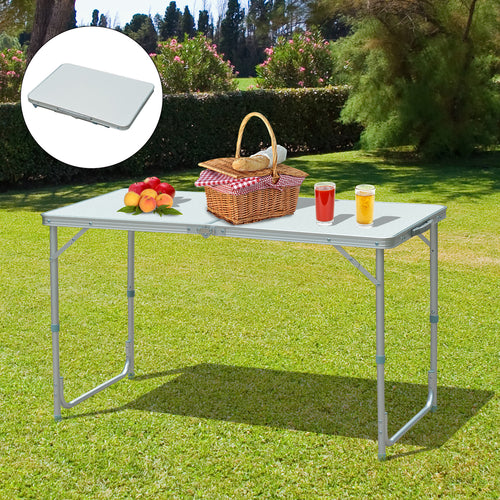 Adjustable Height 4ft Foldable Camping Table with Aluminum Frame and Handle, Silver