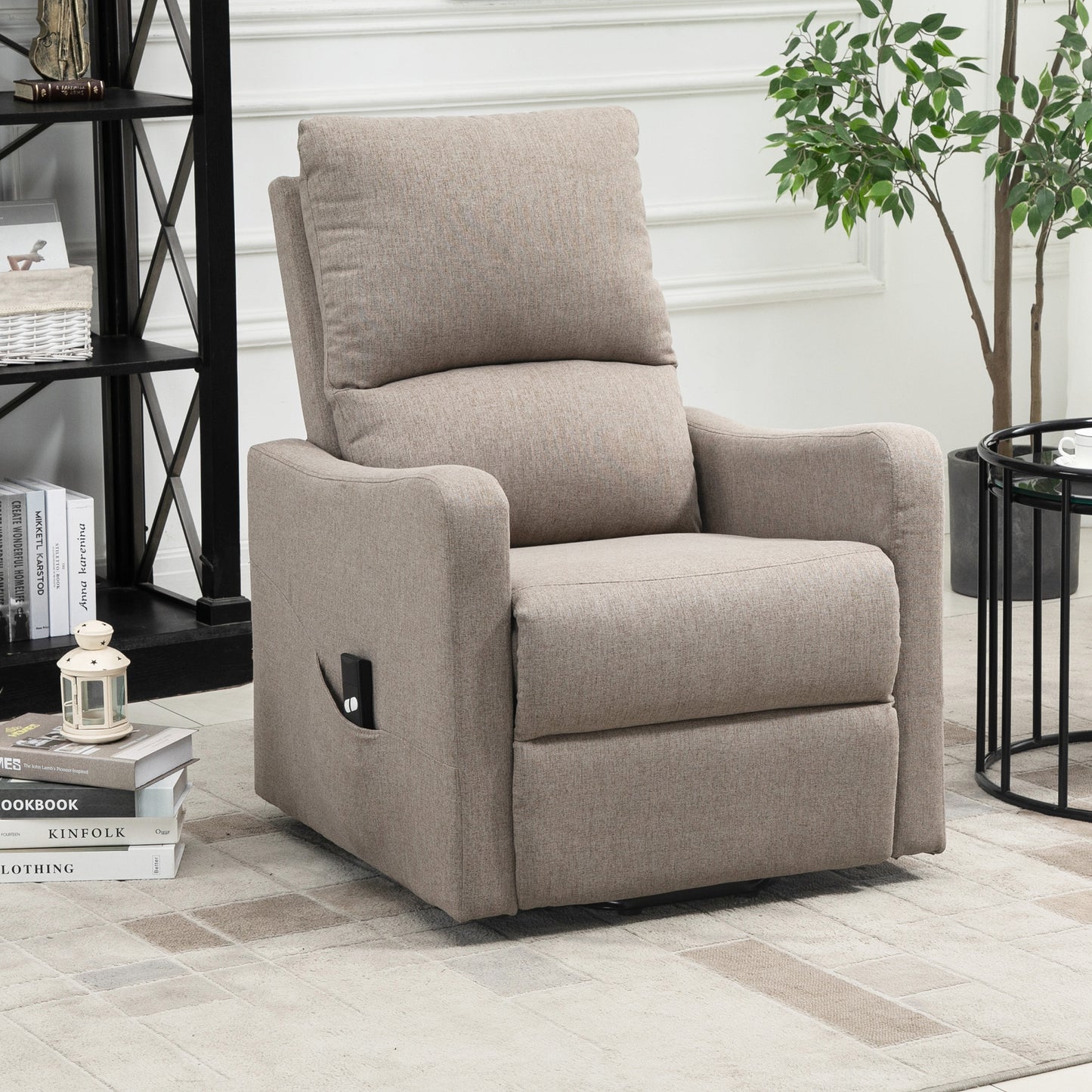 Electric Lift Recliner Chair Rising Power Chaise Lounge Fabric Sofa with Remote Control &; Side Pocket for Living Room, Brown Electric Power Lift Chairs   at Gallery Canada