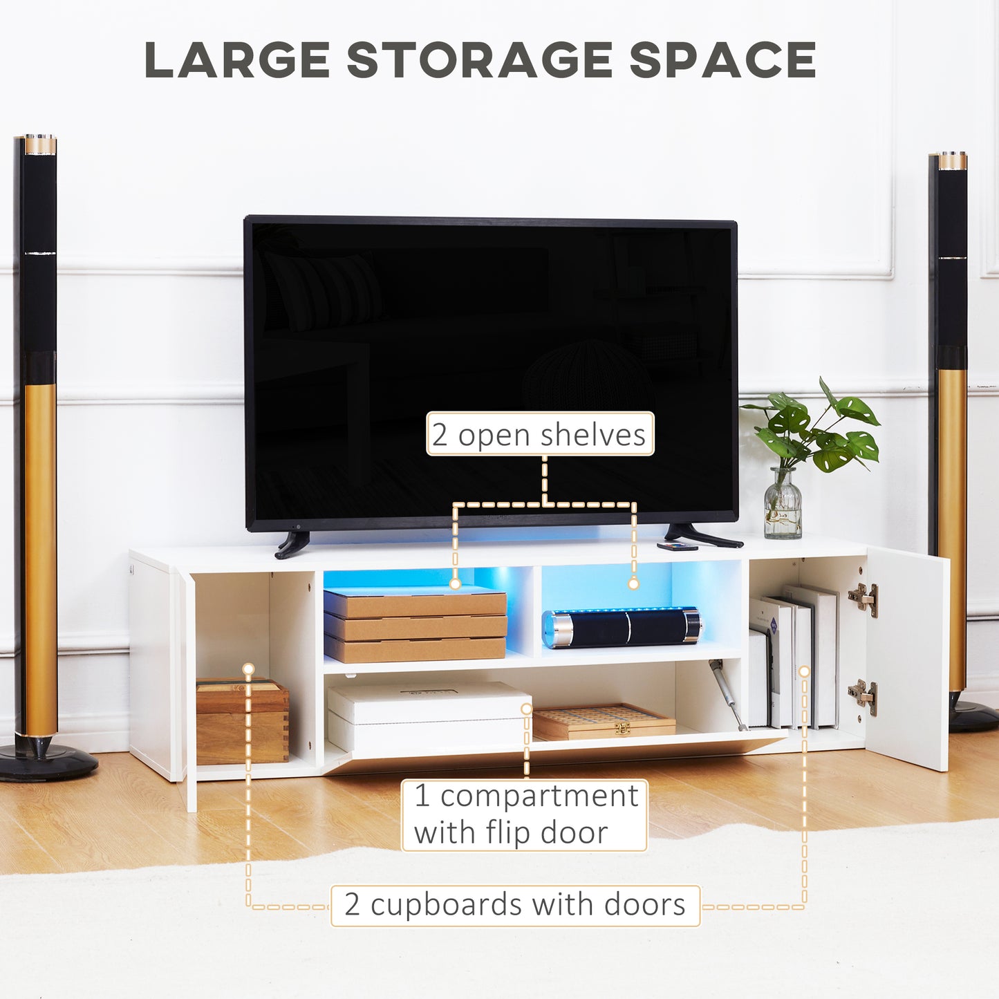 TV Stand for TVs up to 60", TV Unit with LED Lights, Storage Shelves and Cupboards, 53.9" x 13.8" x 16.5", White TV Stands   at Gallery Canada