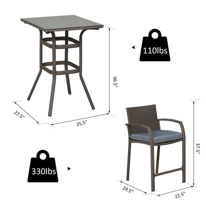 3 Pieces Patio Bar Set Wicker Garden Bistro Set Outdoor Furniture PE Rattan Table and Stools with Seat Cushion, Grey Bistro Sets   at Gallery Canada