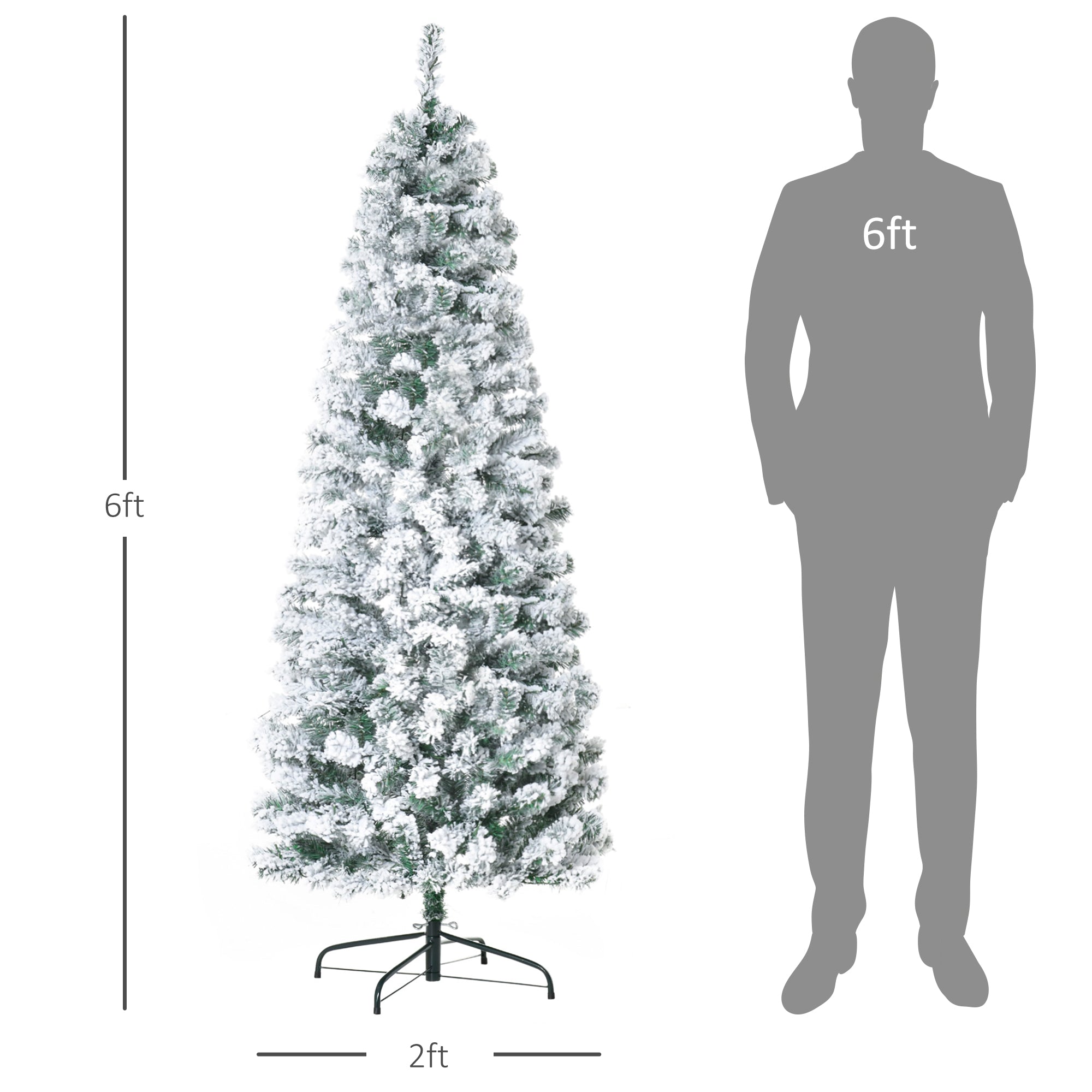 6ft Prelit Artificial Pencil Christmas Tree, Snow Flocked Slim Xmas Tree with Warm White LED Lights - Green Pre Lit Christmas Trees Multi Colour  at Gallery Canada