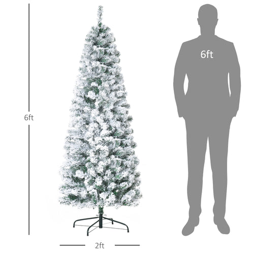 6ft Prelit Artificial Pencil Christmas Tree, Snow Flocked Slim Xmas Tree with Warm White LED Lights - Green