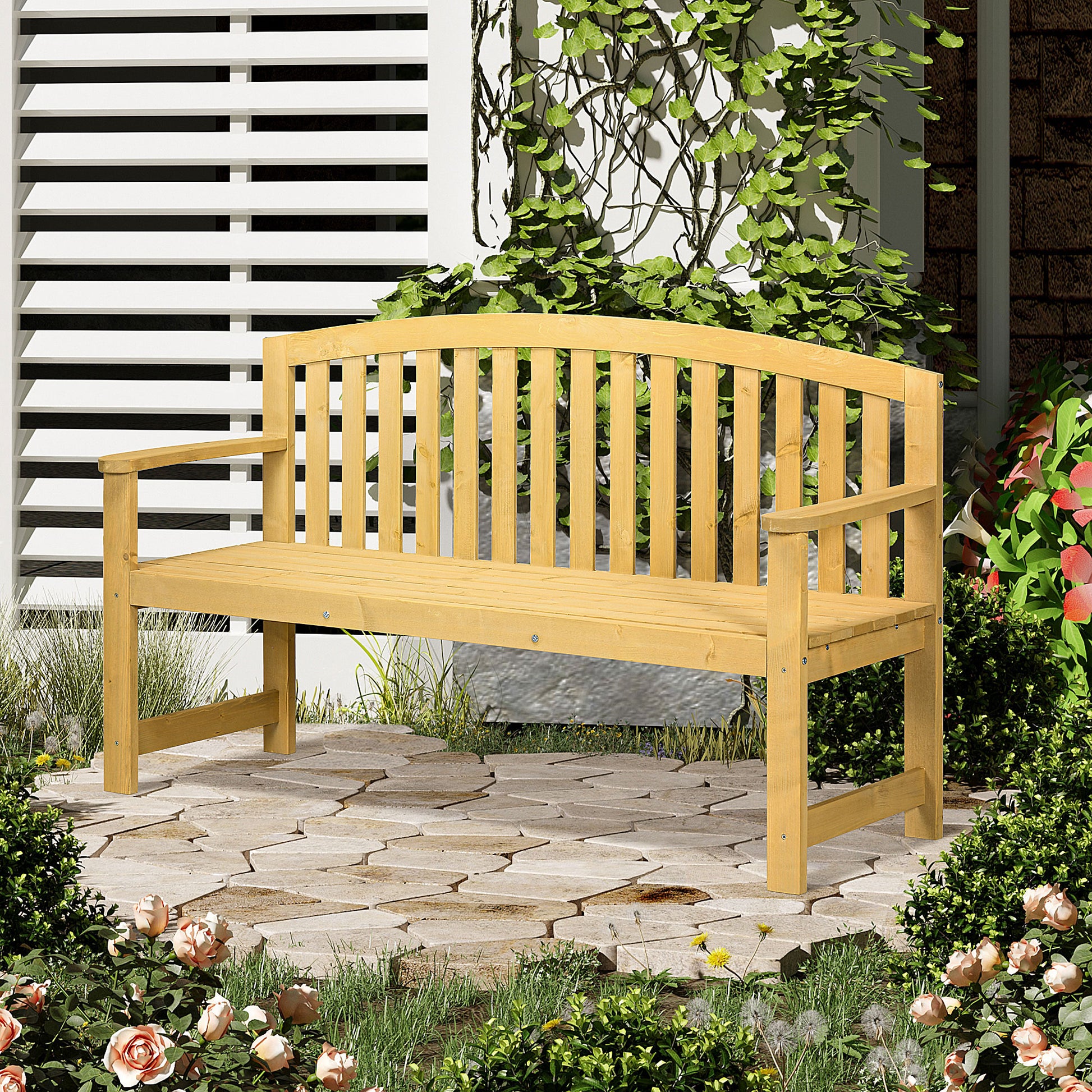 4.7Ft Garden Bench, 2 Seater Outdoor Patio Seat with Slatted Design for Park, Yard, Indoor, Orange Patio Chairs   at Gallery Canada