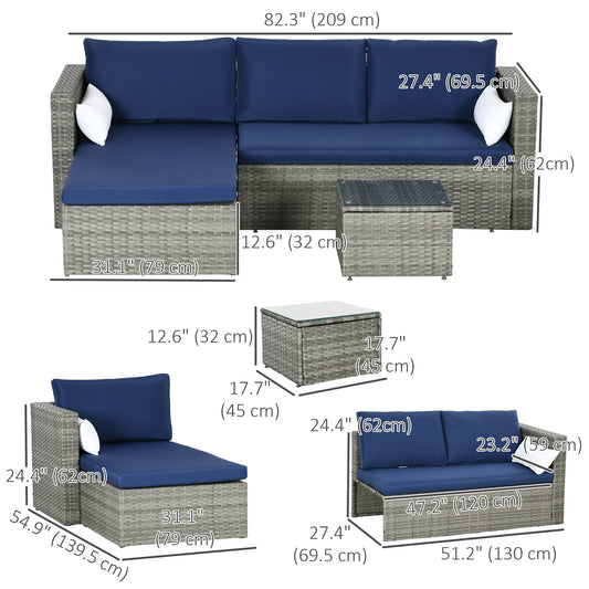 3pcs Modern Rattan Sofa Set, Wicker Patio Furniture Set with Coffee Table, Cushions, Pillows Patio Furniture Sets Navy Blue  at Gallery Canada