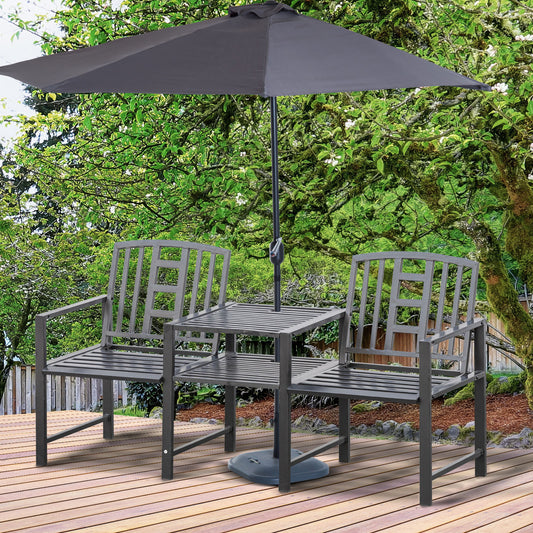 Steel Garden Bench w/ Middle Table, Umbrella Hole, Double Seat for Outdoor, Patio, Backyard Weather-Resistant Frame, Black - Gallery Canada