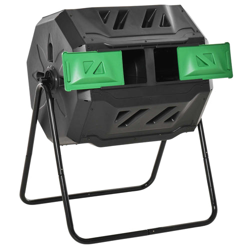 Tumbling Compost Bin Outdoor Dual Chamber 360° Rotating Composter 43 Gallon w/ Sliding Doors &; Solid Steel Frame, Green