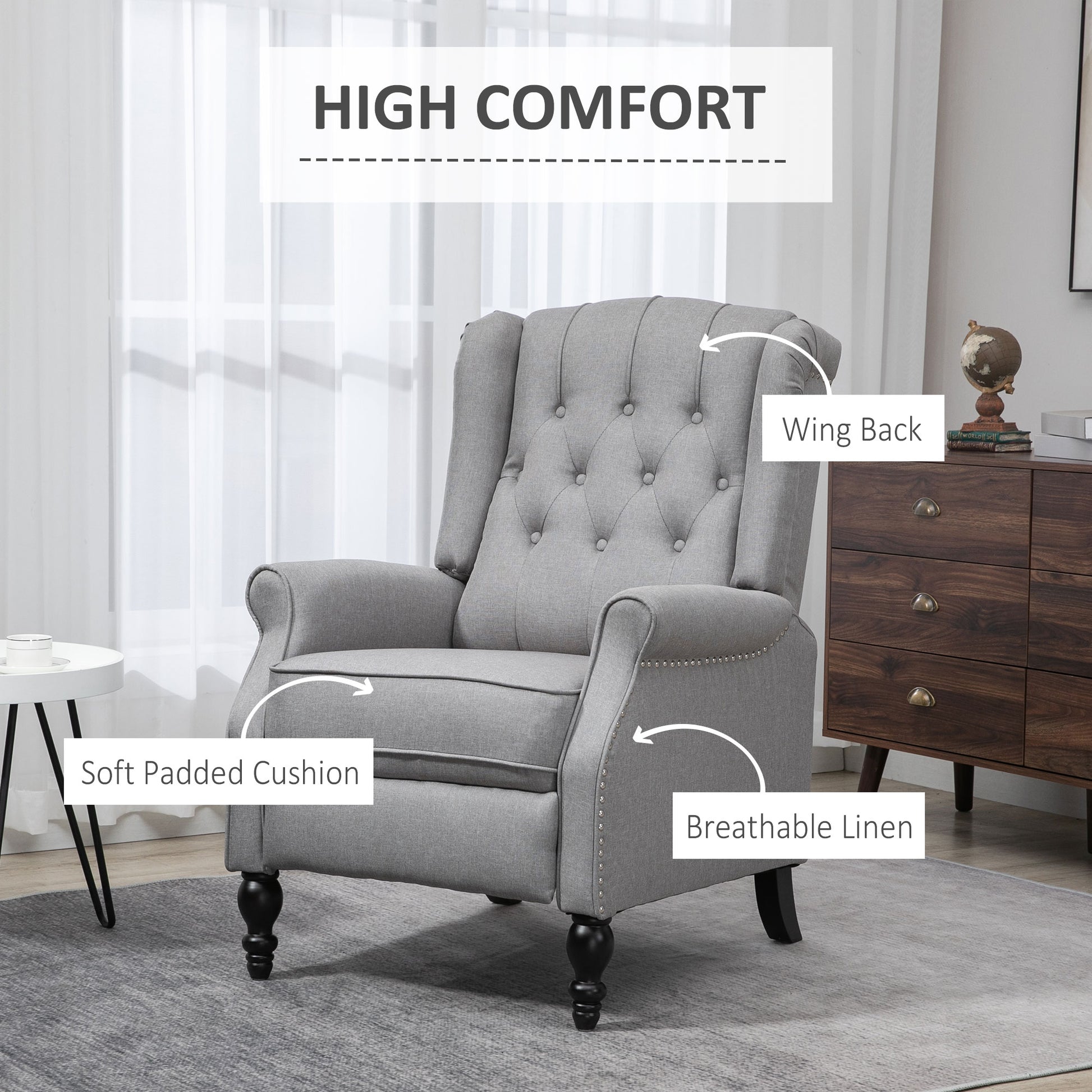 Wingback Reclining Chair with Footrest, Button Tufted Recliner Chair with Rolled Armrests for Living Room, Light Grey Single Sofas   at Gallery Canada