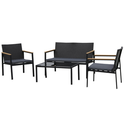 4-Piece Wicker Patio Furniture Set with Cushions, Glass Table, Black Patio Furniture Sets Black  at Gallery Canada