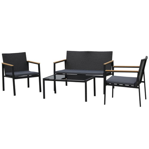 4-Piece Wicker Patio Furniture Set with Cushions, Glass Table, Black