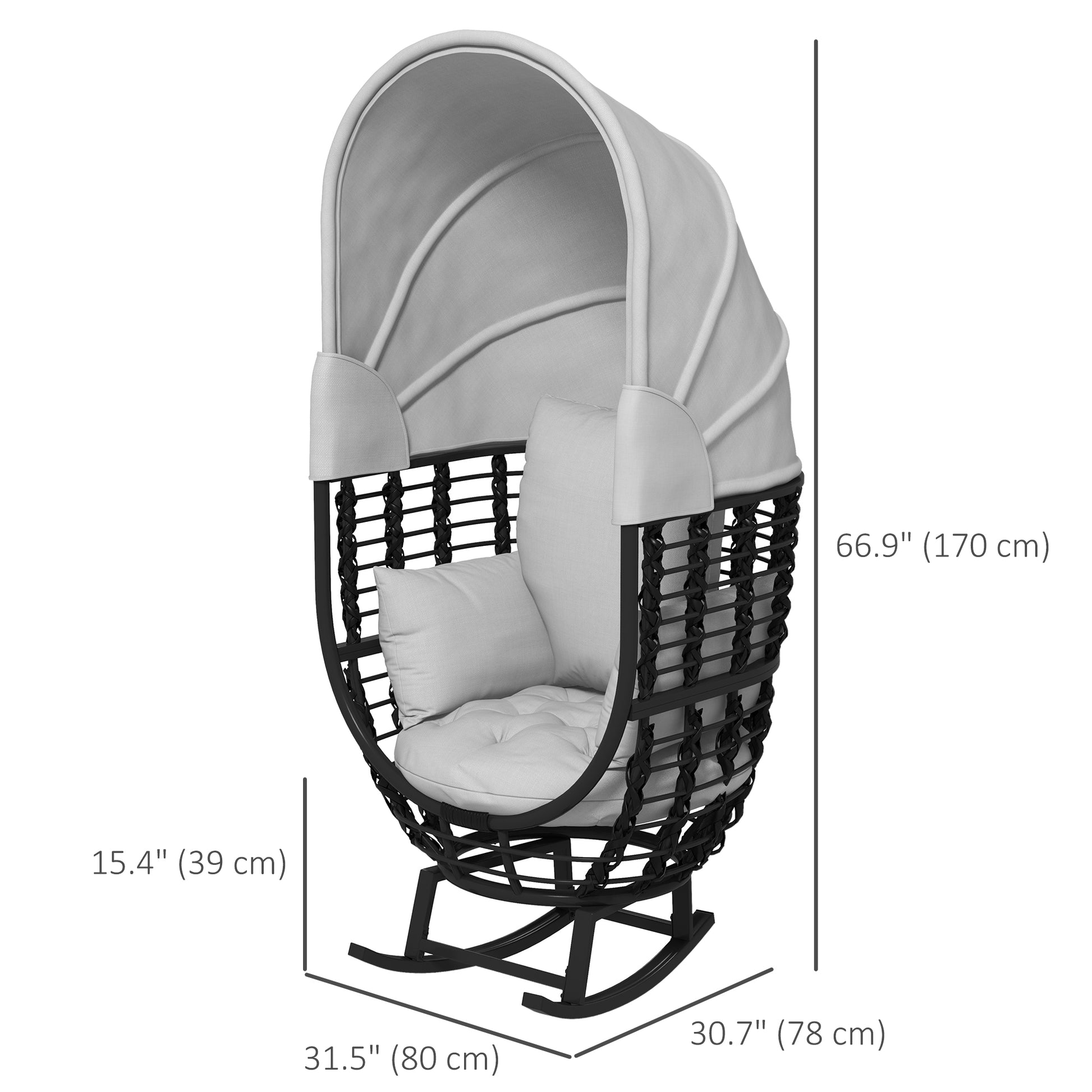 Outdoor PE Rattan Rocking Chair with Retractable Canopy, Cushions, for Garden, Balcony, Porch, Patio, Grey Patio Chairs   at Gallery Canada