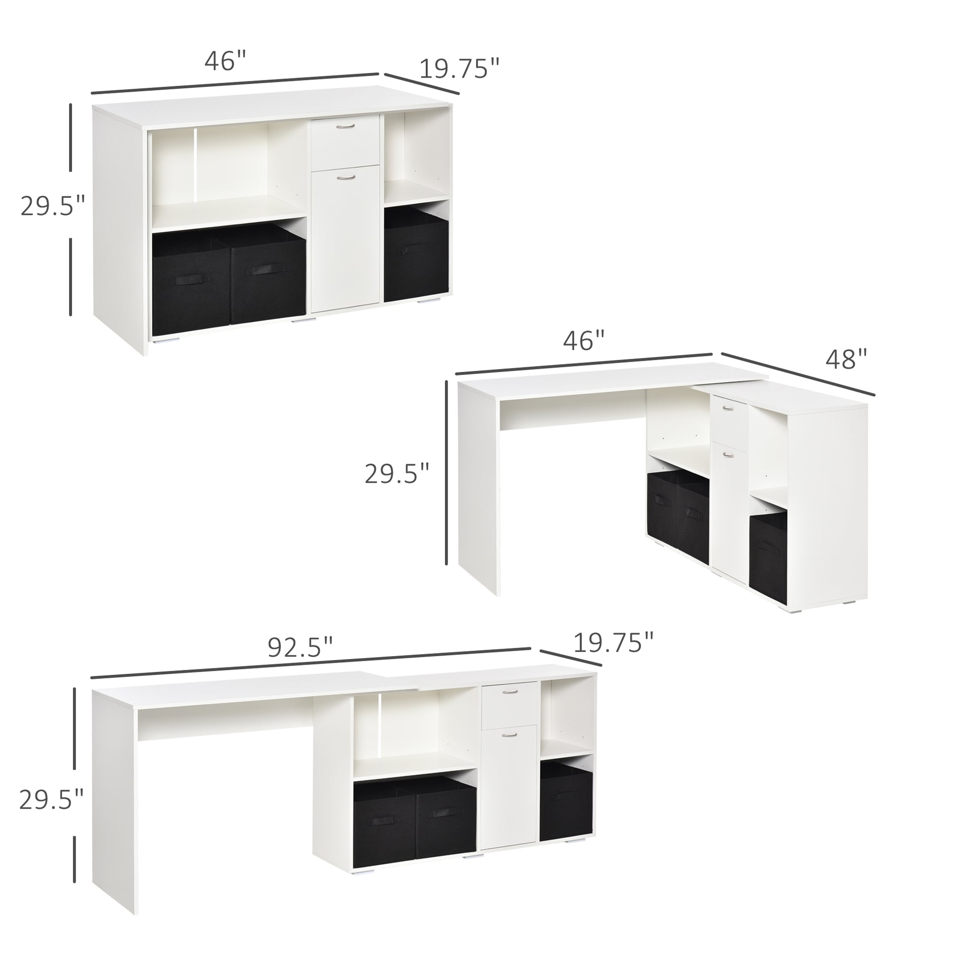 Convertible L-Shaped Computer Desk, Corner Table wth 3 Fabric Storage Boxes, Retractable Home Office Desk, White Writing Desks White  at Gallery Canada