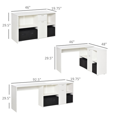 Convertible L-Shaped Computer Desk, Corner Table wth 3 Fabric Storage Boxes, Retractable Home Office Desk, White
