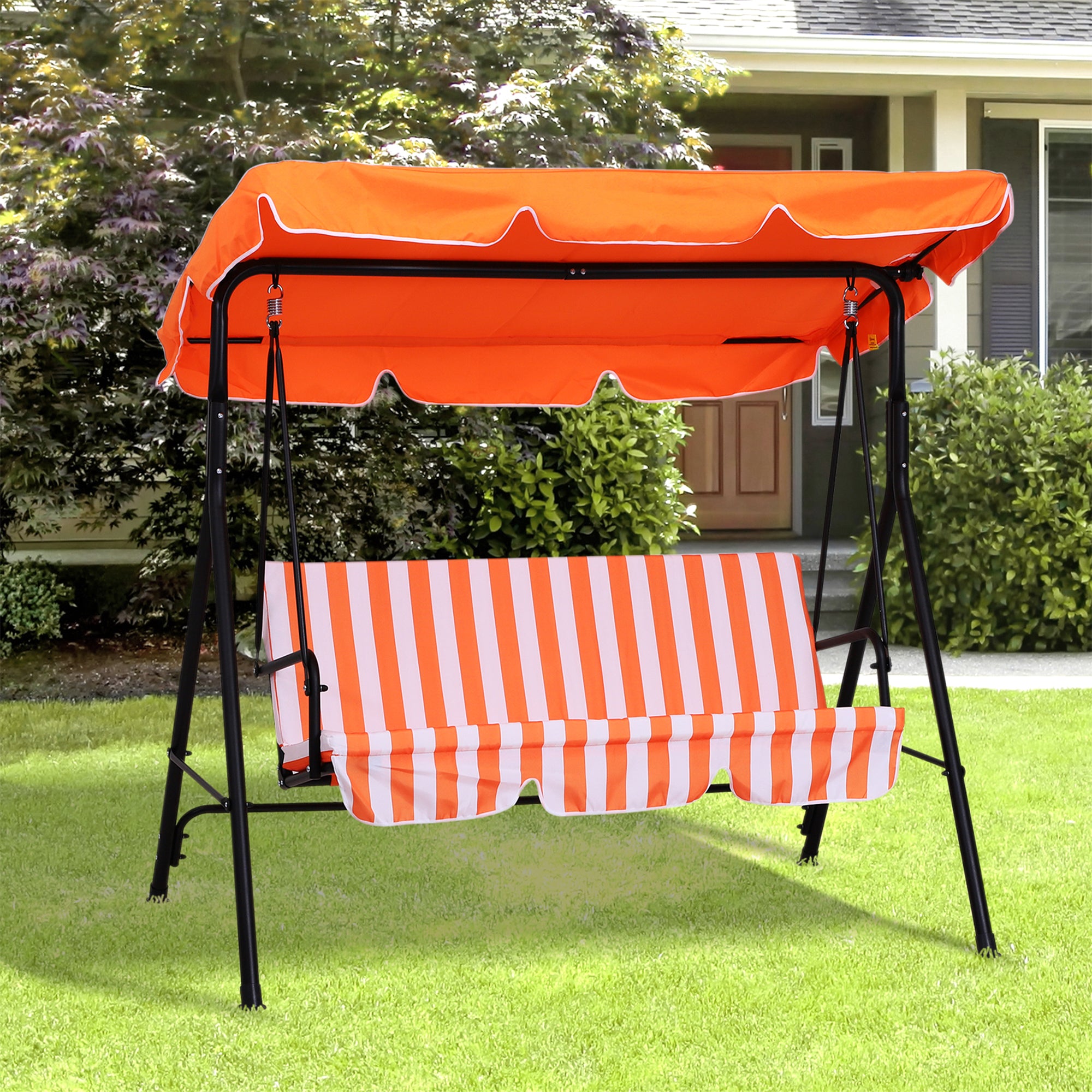 3-Seat Outdoor Patio Swing Chair with Adjustable Canopy and Removable Cushion, Weather-Resistant Steel Frame, Orange Porch Swings with Canopy   at Gallery Canada