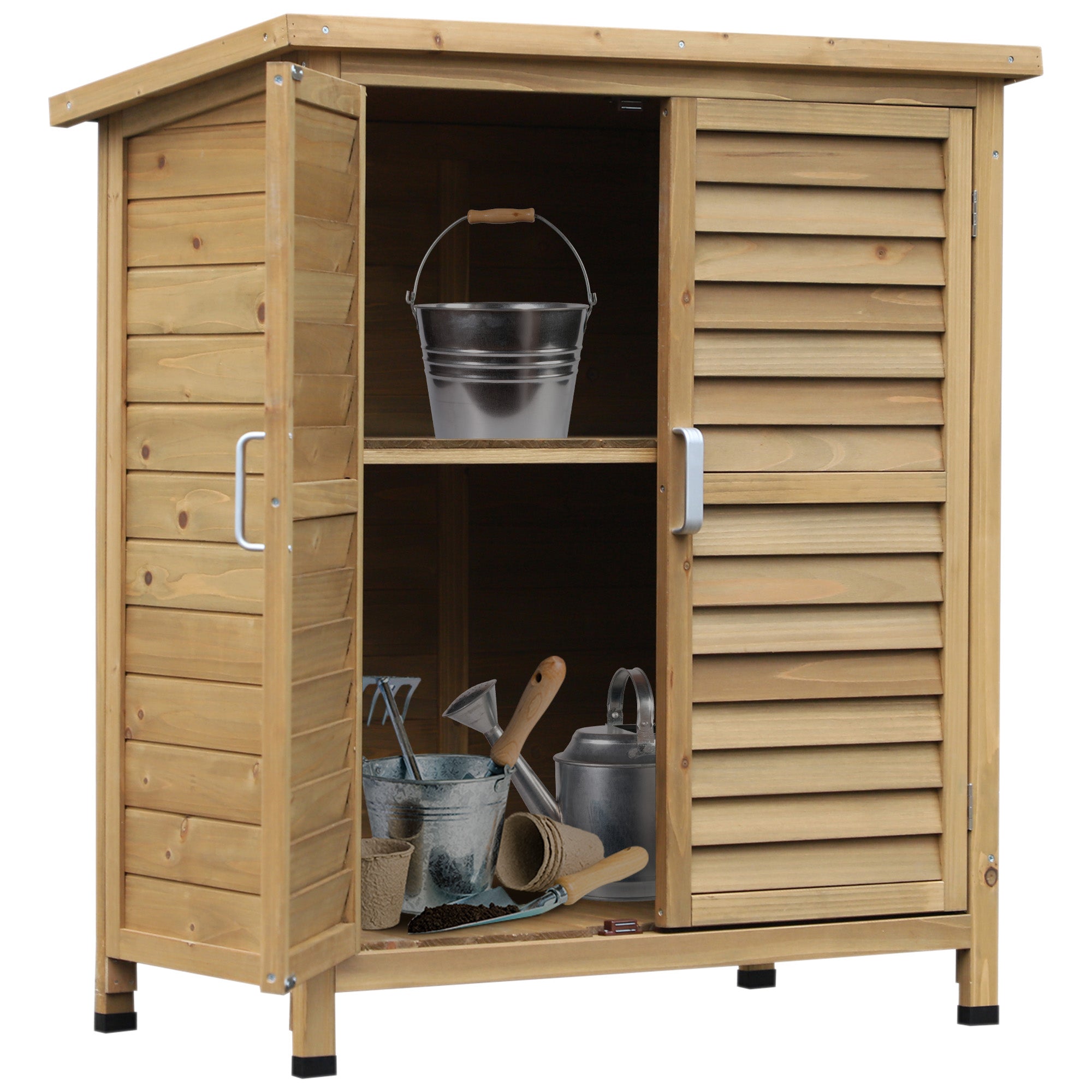 Wooden Garden Storage Shed Kit Wood Garage Tool Organisation Cabinet with 2 Door , 34