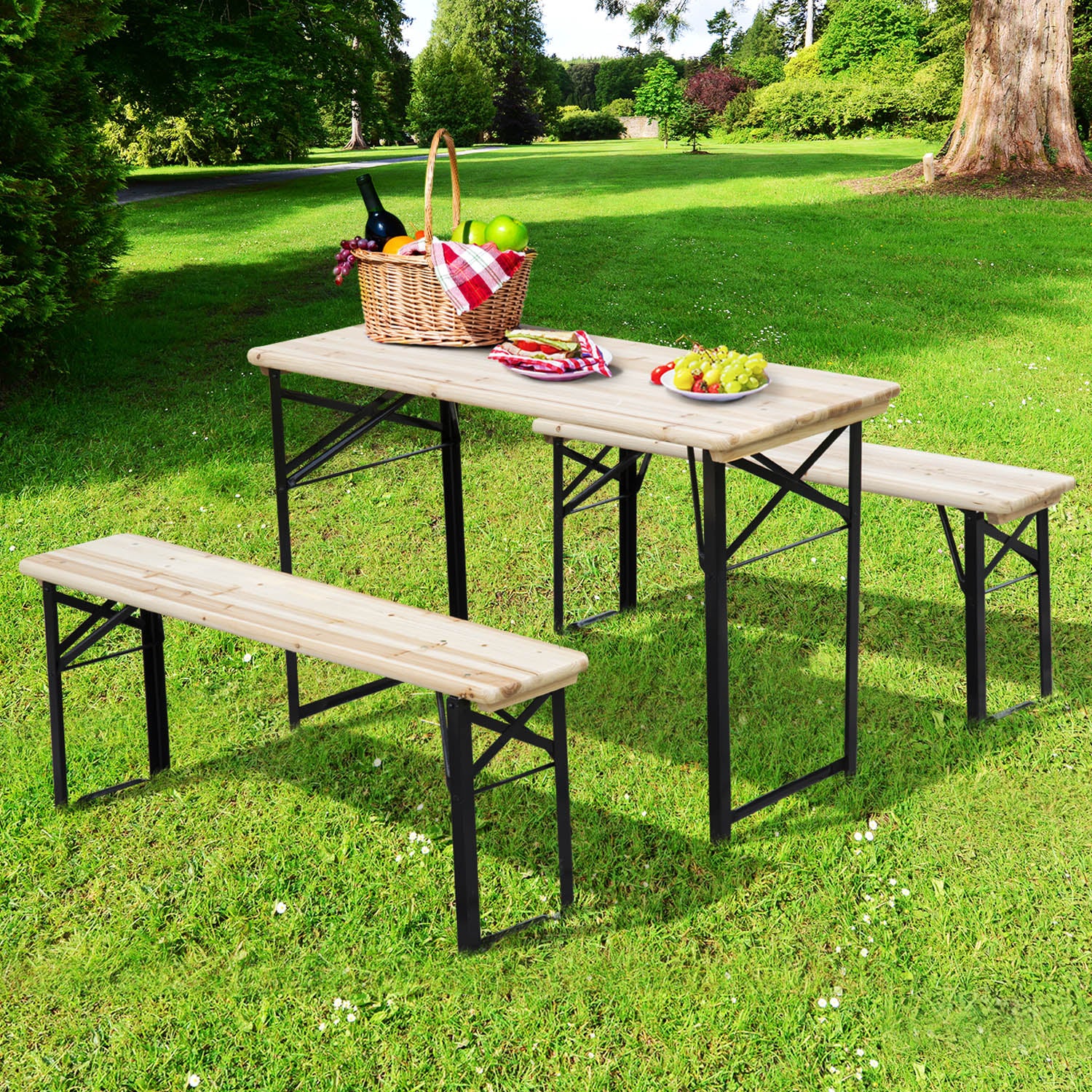 3 Pieces Folding Picnic Table Set, Portable Folding Picnic Table Set, 1 Picnic Table and 2 Benches Bistro Sets   at Gallery Canada