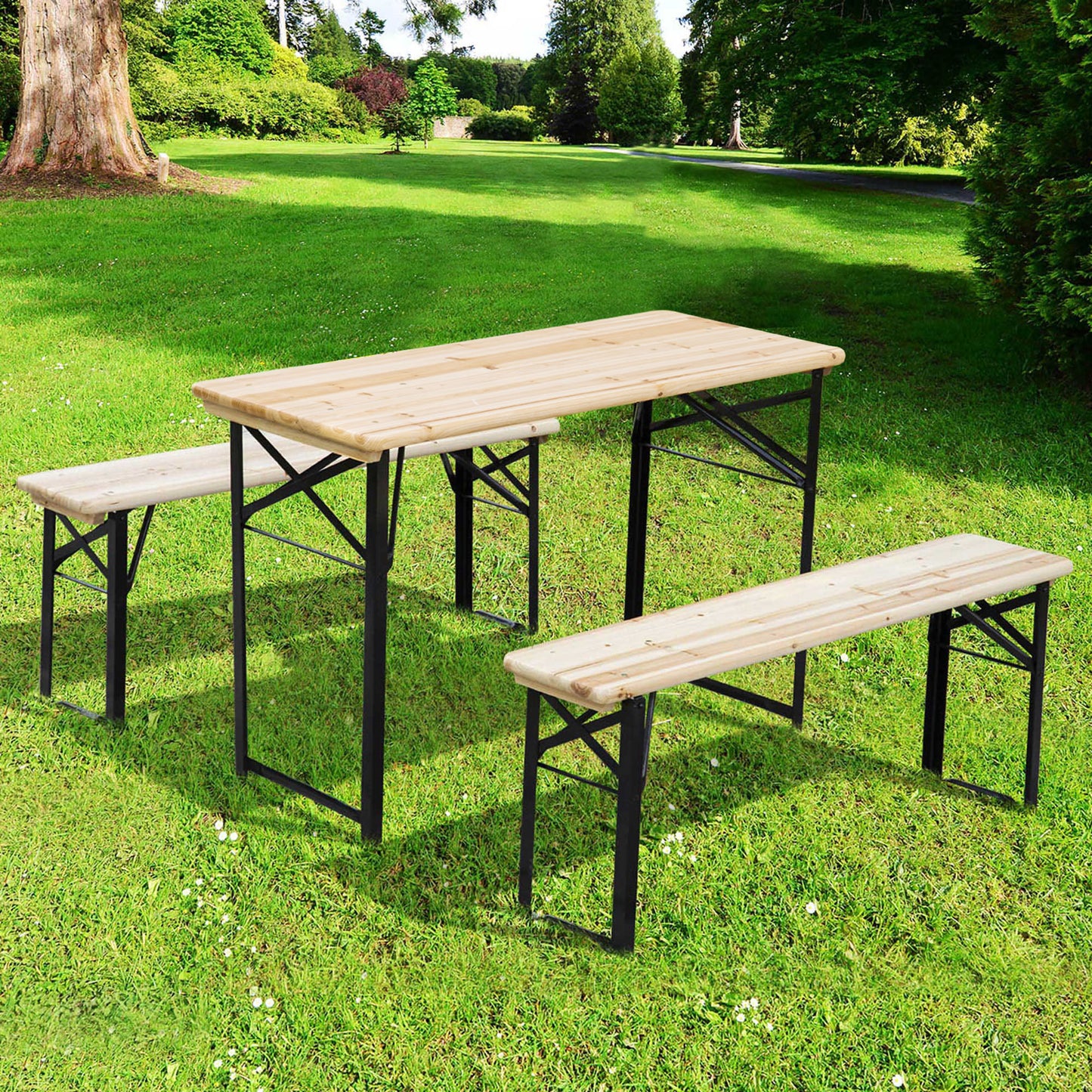 3 Pieces Folding Picnic Table Set, Portable Folding Picnic Table Set, 1 Picnic Table and 2 Benches, Natural Bistro Sets   at Gallery Canada