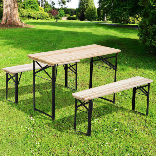 3 Pieces Folding Picnic Table Set, Portable Folding Picnic Table Set, 1 Picnic Table and 2 Benches, Natural