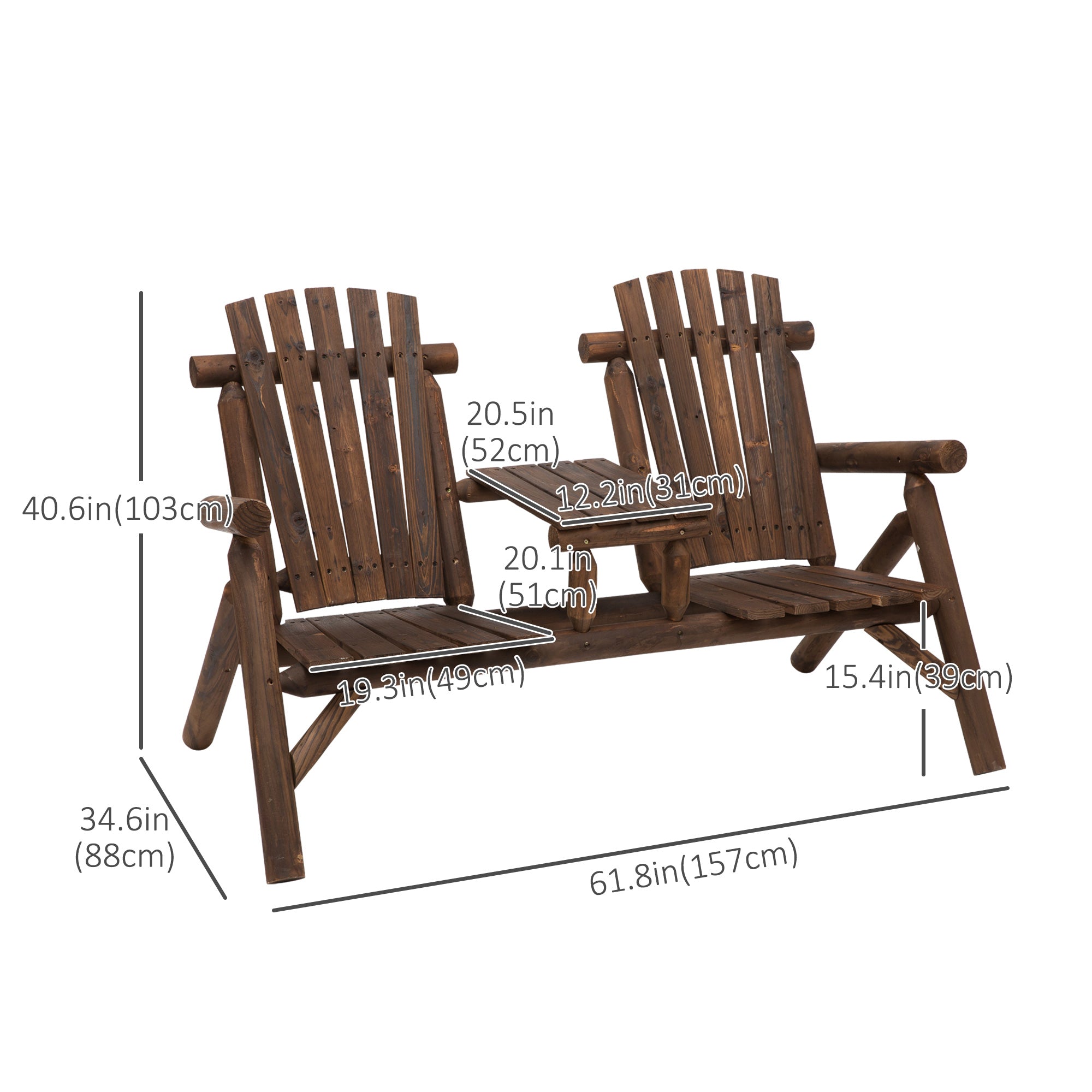 Wood Adirondack Patio Chair Bench with Center Coffee Table, for Lounging and Relaxing Outdoors Carbonized Outdoor Benches   at Gallery Canada