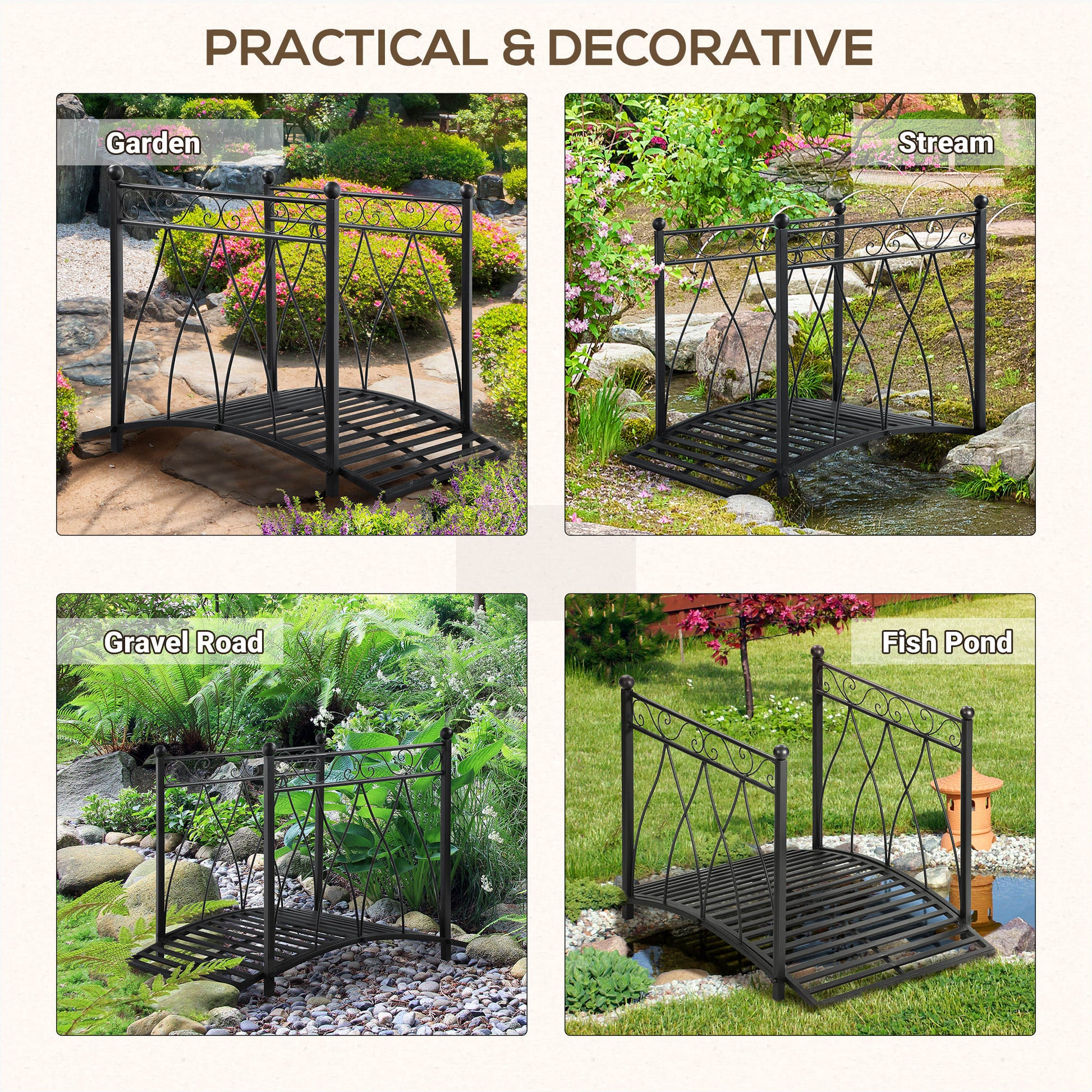 3.3FT Classic Garden Bridge with Safety Railings Arc Footbridge Decorative Pond Bridge for Backyard Creek Stream, Black Garden Bridges   at Gallery Canada