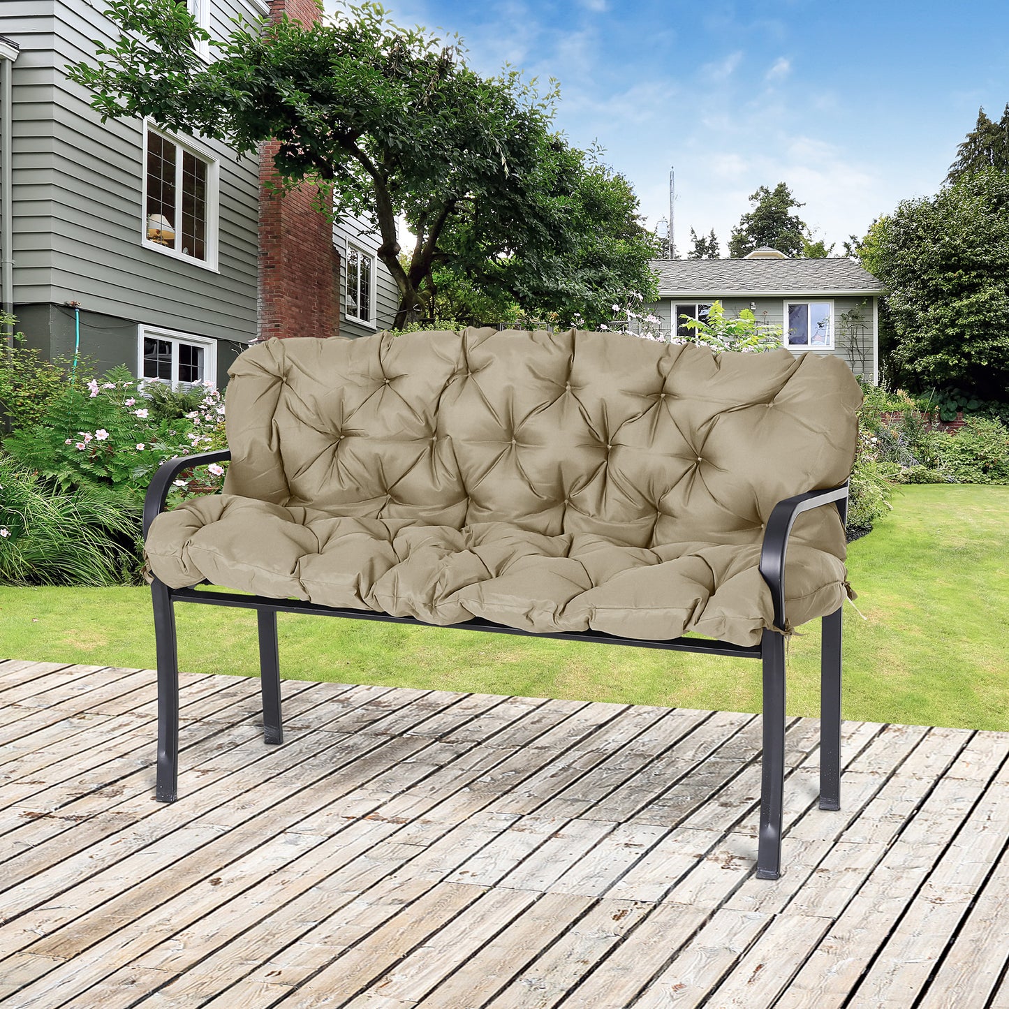 3-Seater Outdoor Bench Swing Chair Replacement Cushions with Backrest for Patio Garden, Khaki Patio Chair Cushions   at Gallery Canada