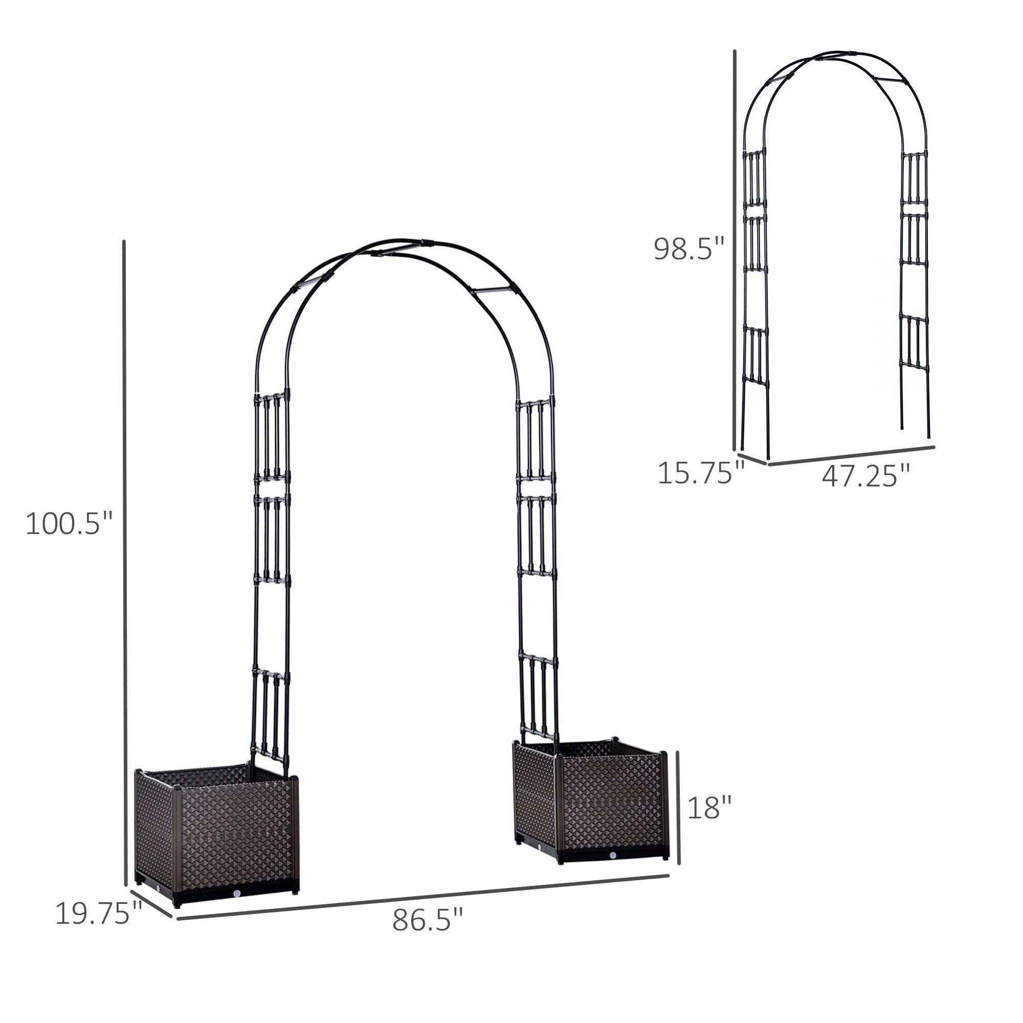 8ft Garden Arch with Two Planters Outdoor Steel Trellis Arbor for Climbing Plants, Weddings, Party, Brown, Black Garden Arches   at Gallery Canada