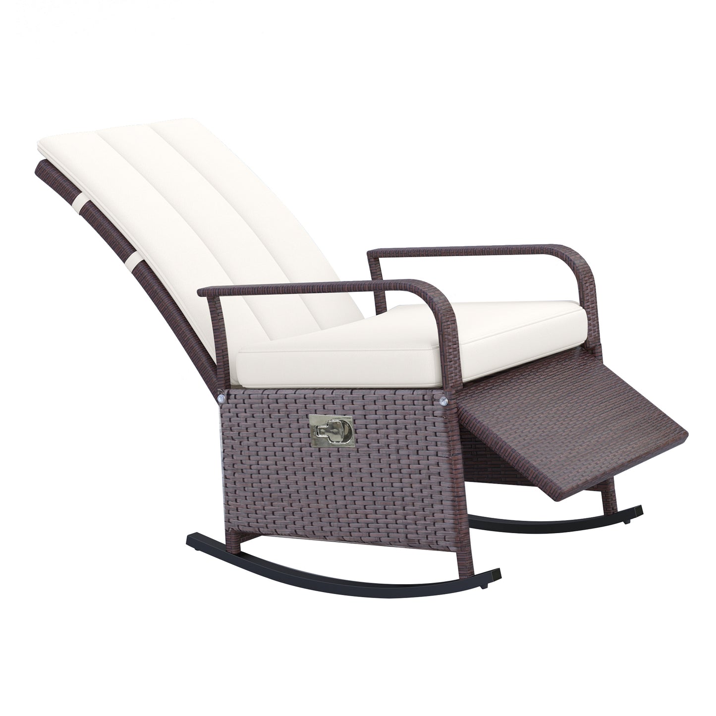 Outdoor Wicker Rocking Chair with Cushion, Patio PE Rattan Recliner Chair with Adjustable Footrest, Armrests, Cream White Outdoor Rocking Chairs Multi Colour  at Gallery Canada