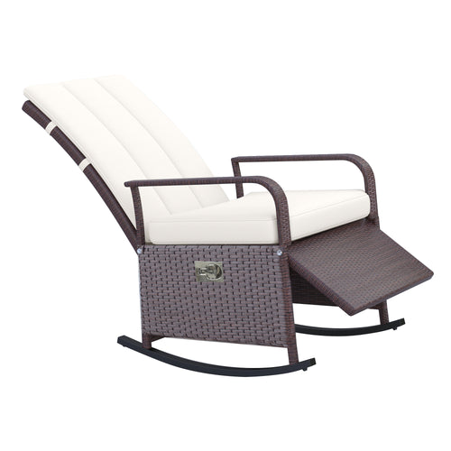 Outdoor Wicker Rocking Chair with Cushion, Patio PE Rattan Recliner Chair with Adjustable Footrest, Armrests, Cream White