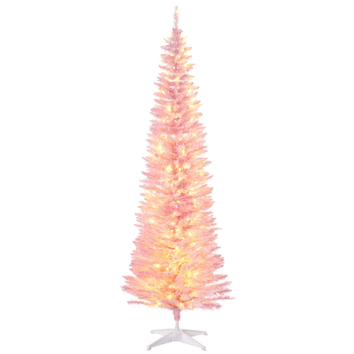 6' Pre Lit Artificial Pencil Christmas Trees, Xmas Tree with Realistic Branches and Warm White LED Lights, Pink