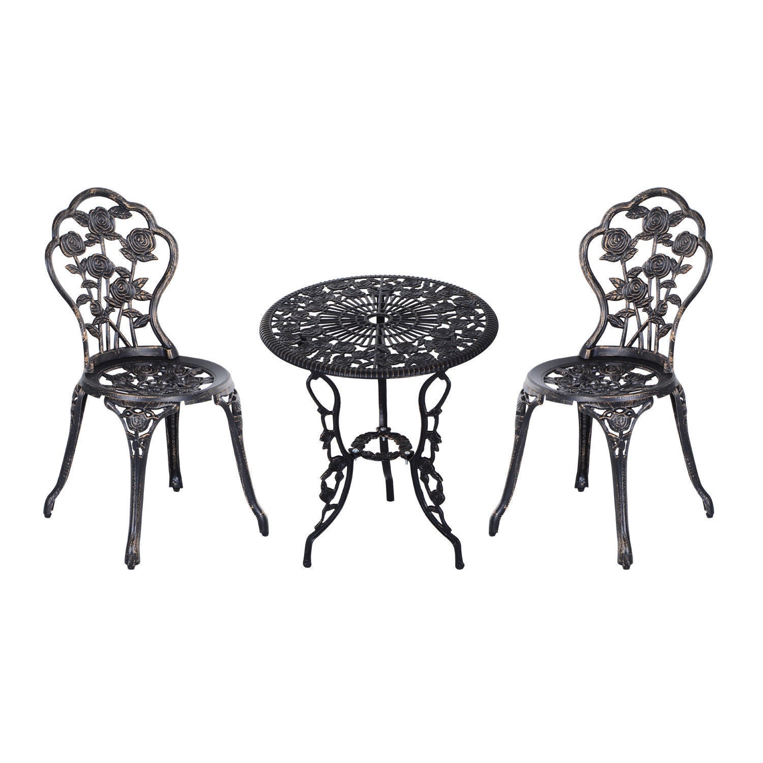 3PCs Patio Bistro Set, Outdoor Cast Aluminum Garden Table and Chairs with Umbrella Hole for Balcony, Bronze Bistro Sets Bronze  at Gallery Canada