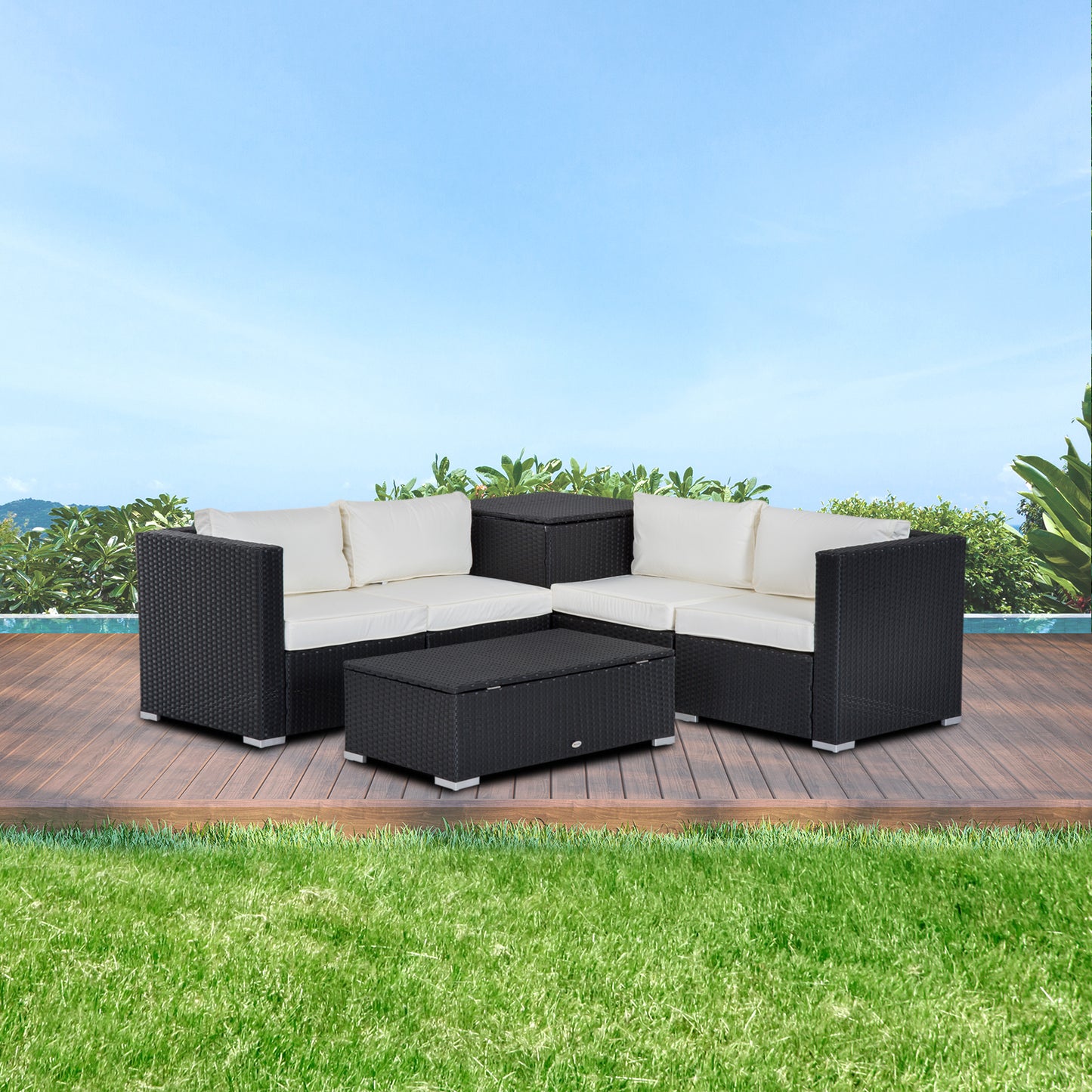 6 Pieces Patio Furniture Set with Cushion, Outdoor PE Rattan Wicker Sectional Conversation Furniture Sofa with Storage Table and Coffee Table, Beige Patio Furniture Sets   at Gallery Canada