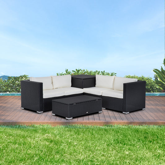 6 Pieces Patio Furniture Set with Cushion, Outdoor PE Rattan Wicker Sectional Conversation Furniture Sofa with Storage Table and Coffee Table, Beige - Gallery Canada