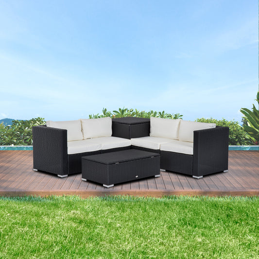 6 Pieces Patio Furniture Set with Cushion, Outdoor PE Rattan Wicker Sectional Conversation Furniture Sofa with Storage Table and Coffee Table, Beige Patio Furniture Sets Black  at Gallery Canada