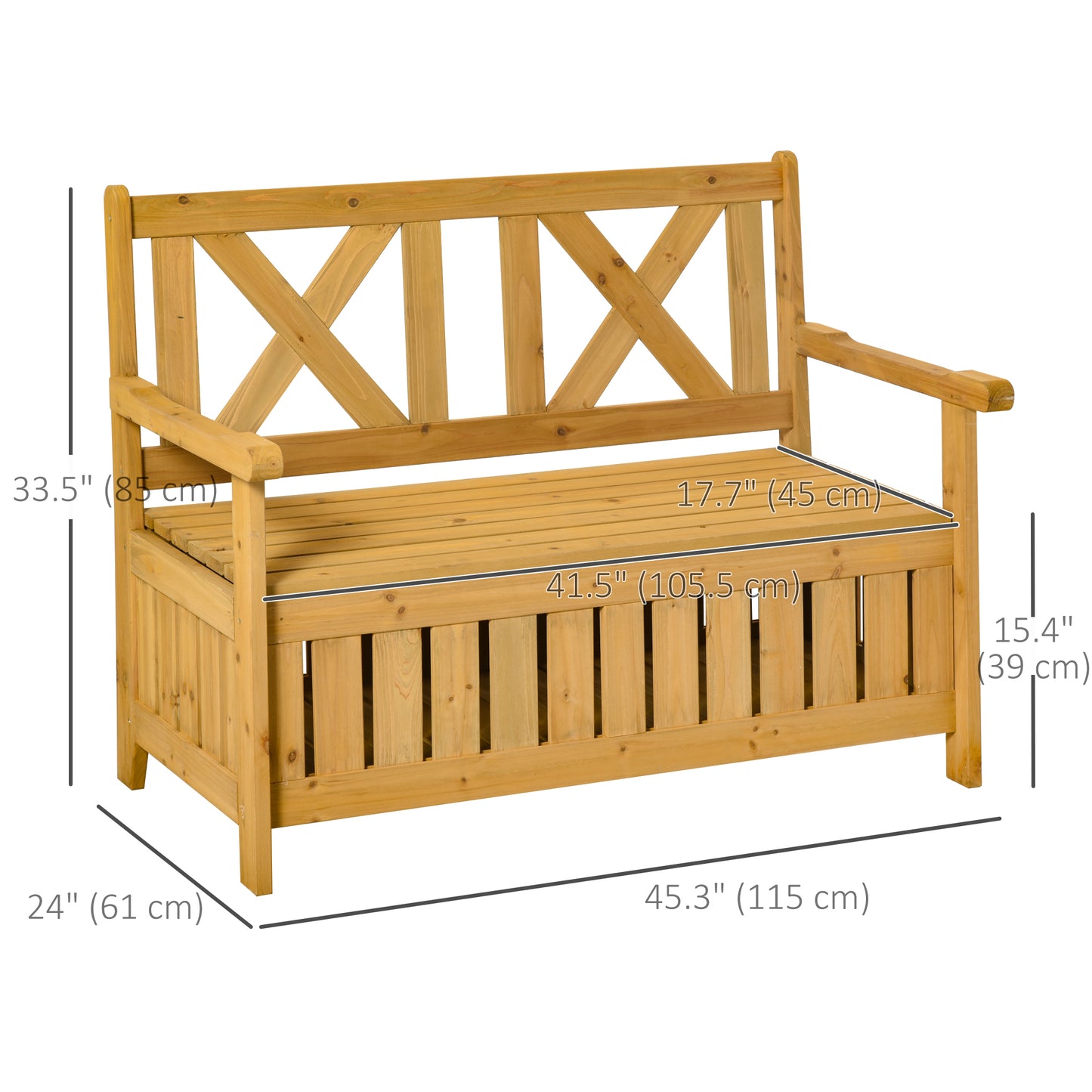 Wooden Outdoor Storage Bench 2-Person Patio Bench with Louvered Side Panels and X-Shape Back for Garden, Patio, Yellow Patio Chairs Natural  at Gallery Canada