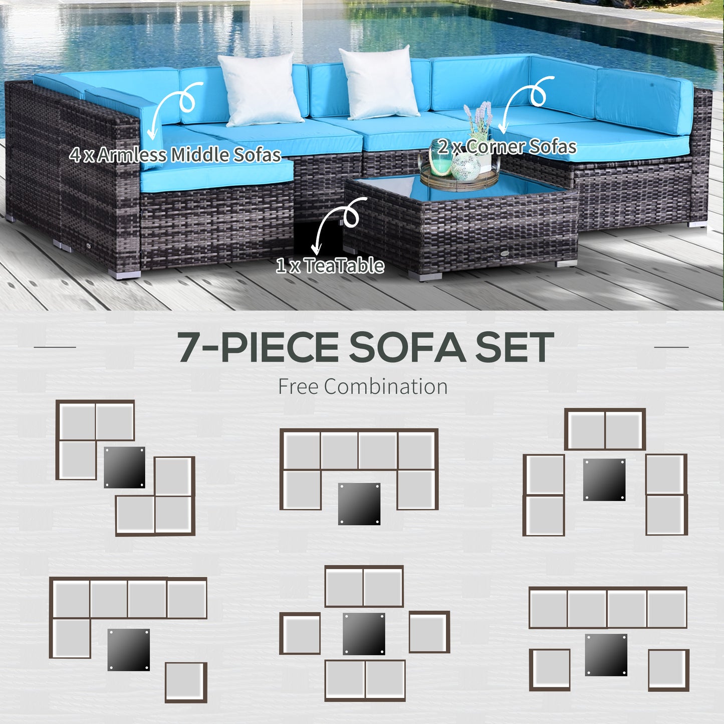 7 Pieces Outdoor Rattan Furniture Set, Patio Wicker Sectional Conversation Sofa Set w/ Cushions &; Coffee Table Patio Furniture Sets   at Gallery Canada