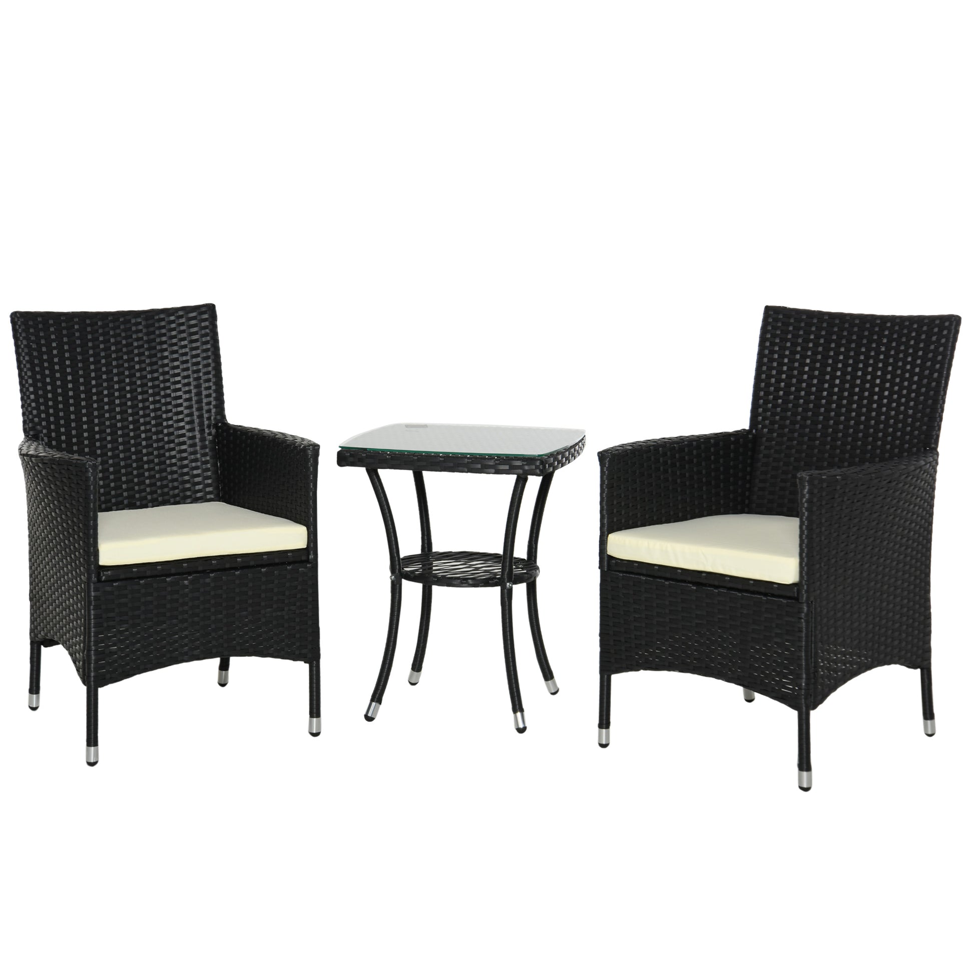 3 Pieces Patio Bistro Set, Outdoor PE Rattan Porch Furniture with Two Armchairs, Glass Top Coffee Table, Black Bistro Sets   at Gallery Canada