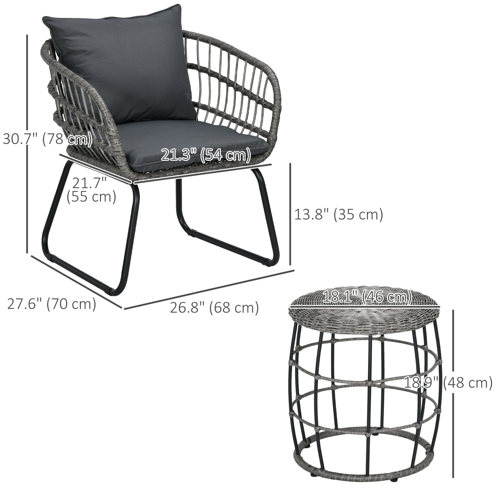 3 Pieces Patio Furniture Outdoor PE Rattan Bistro with Soft Seat and Back Cushions for Garden, Backyard, Charcoal Grey Bistro Sets   at Gallery Canada