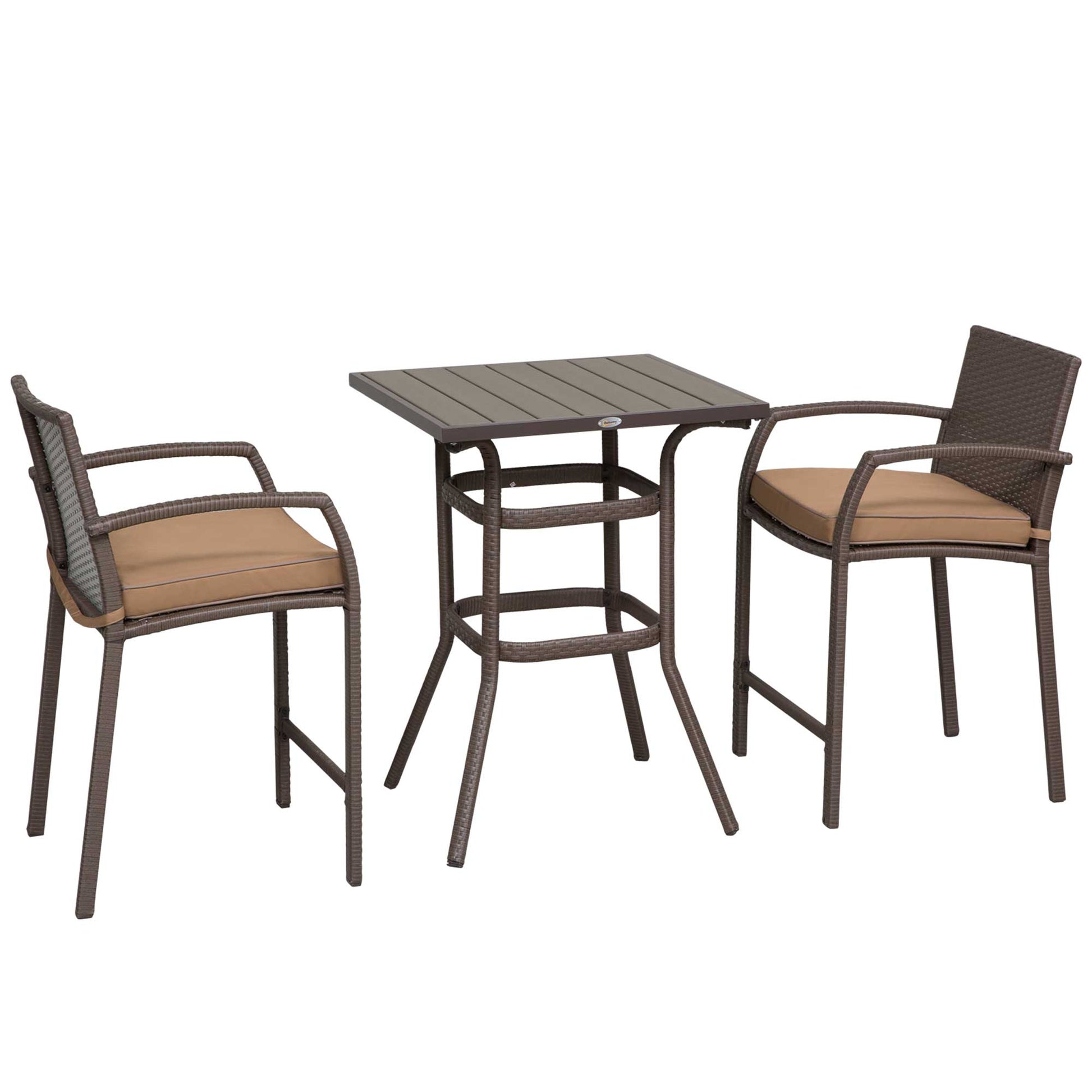 3 Pieces Outdoor Wicker Bistro Bar Set Garden PE Rattan Bar Table and Stools with Seat Cushion, Khaki Bistro Sets Brown  at Gallery Canada