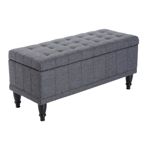 Storage Ottoman, Linen Fabric End of Bed Bench with Soft Close Lid, Button Tufted Storage Bench for Living Room, Entryway or Bedroom, Grey