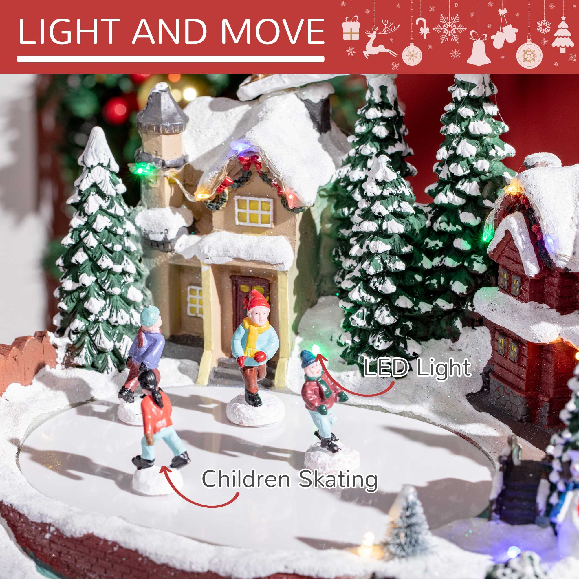 Christmas Village, Santa and Deer Skating Pond Animated Winter Wonderland Set with Multicolored LED Light, Plug-In Christmas Decoration Christmas Village Houses   at Gallery Canada