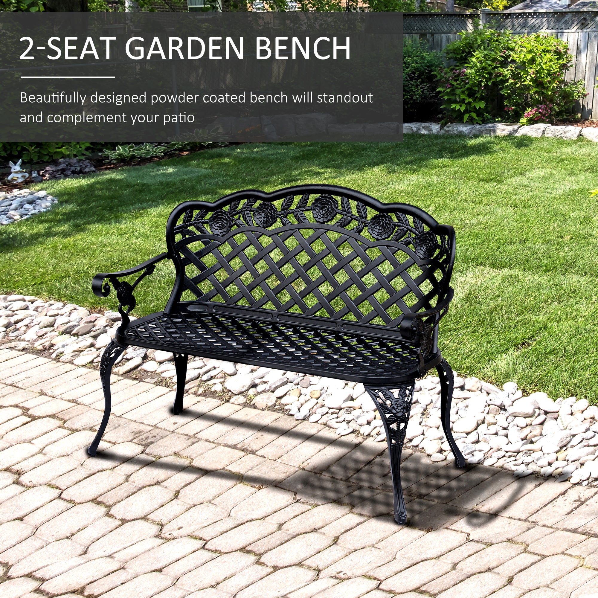 Metal Garden Bench, 2 Seater Outdoor Patio Loveseat with Armrest and Floral Scroll Backrest, 42.1