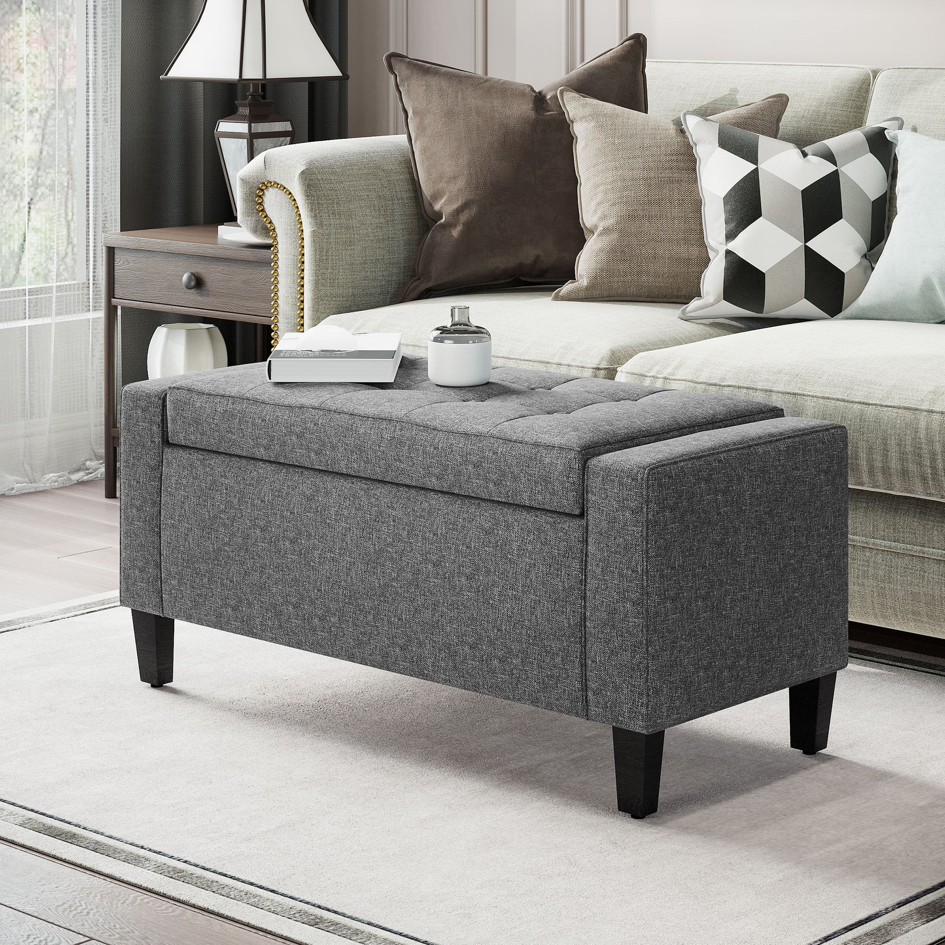 Storage Ottoman Bench Linen-Touch Fabric Tufted Chest Footstool with Flipping Top, Grey Storage Ottomans & Benches   at Gallery Canada