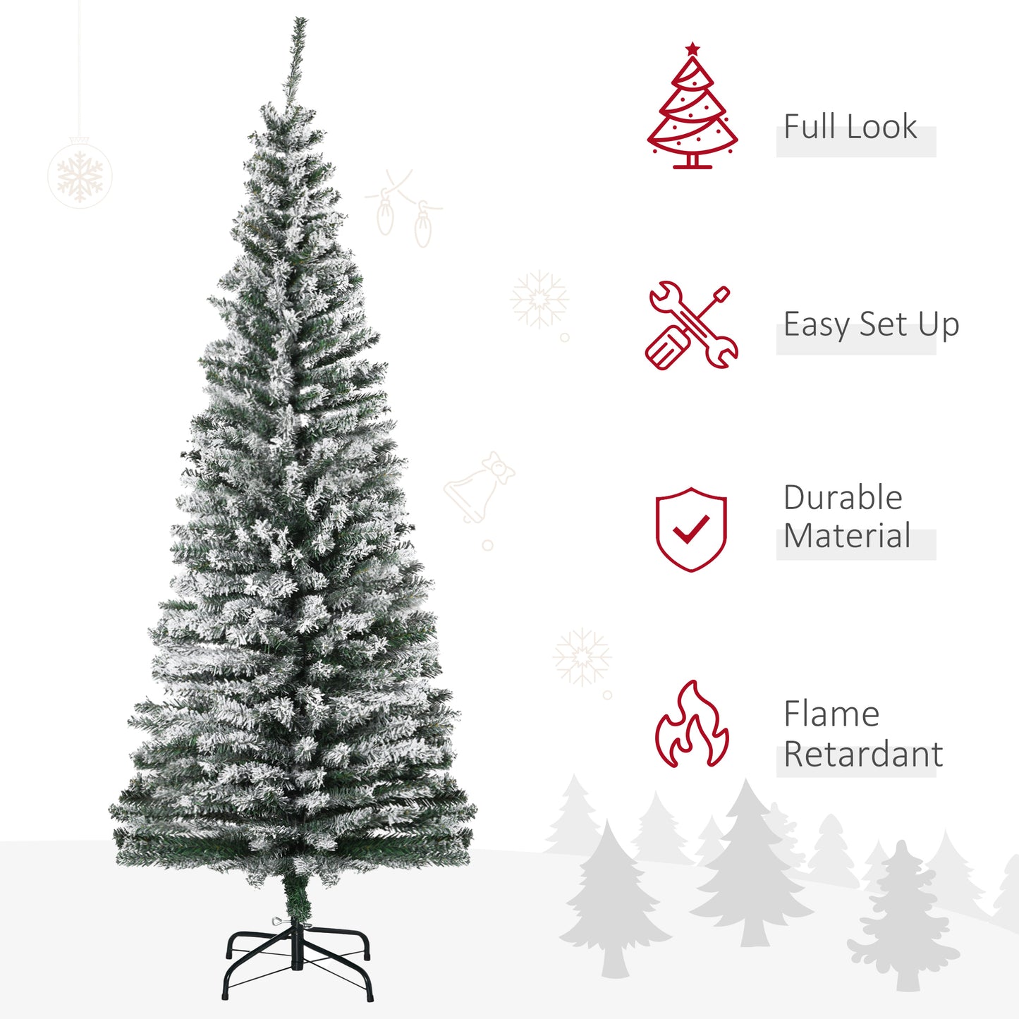 6ft Snow Flocked Pencil Christmas Tree Artificial Slim Xmas Tree with Realistic Branch Tips Folding Metal Stand Pencil Christmas Trees   at Gallery Canada