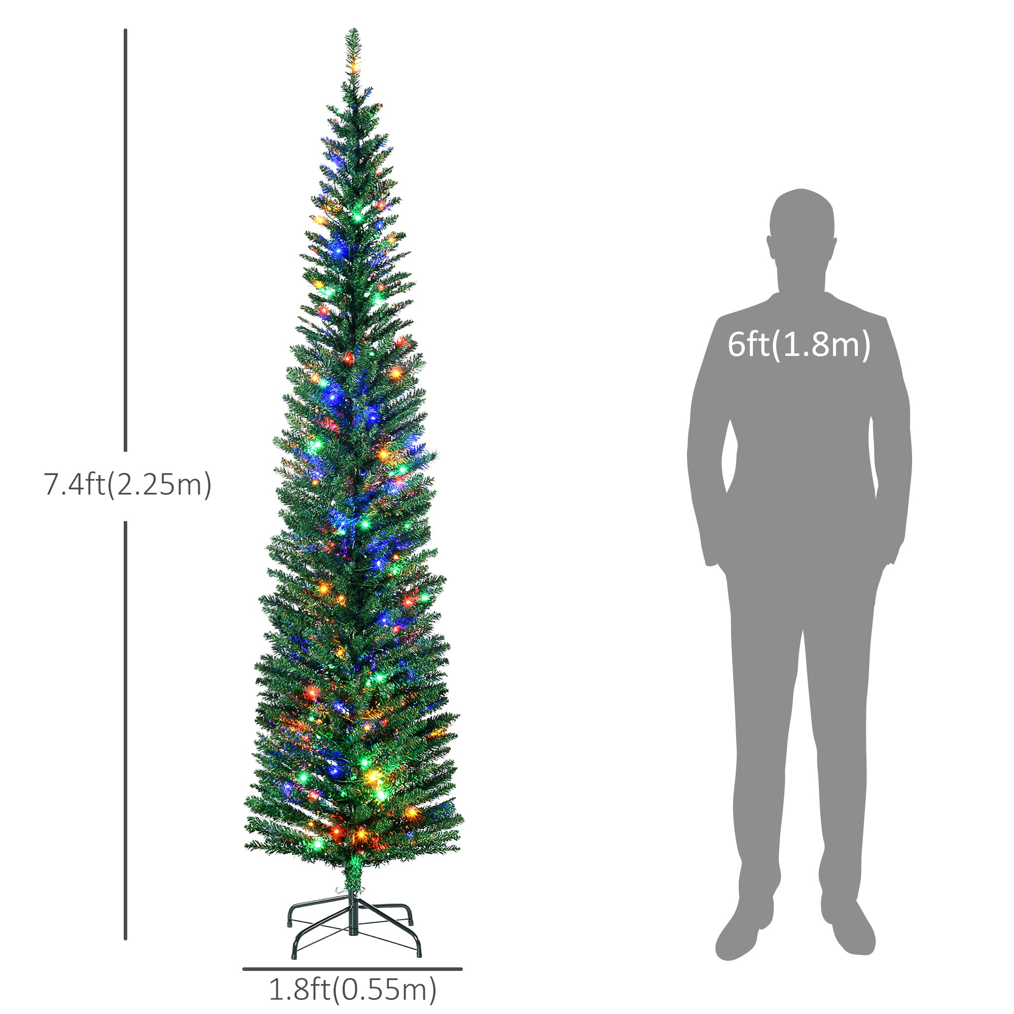 7.5' Artificial Pencil Christmas Trees Holiday Decoration with Colourful LED Lights, Steel Base, Skinny Shape Pencil Christmas Trees   at Gallery Canada